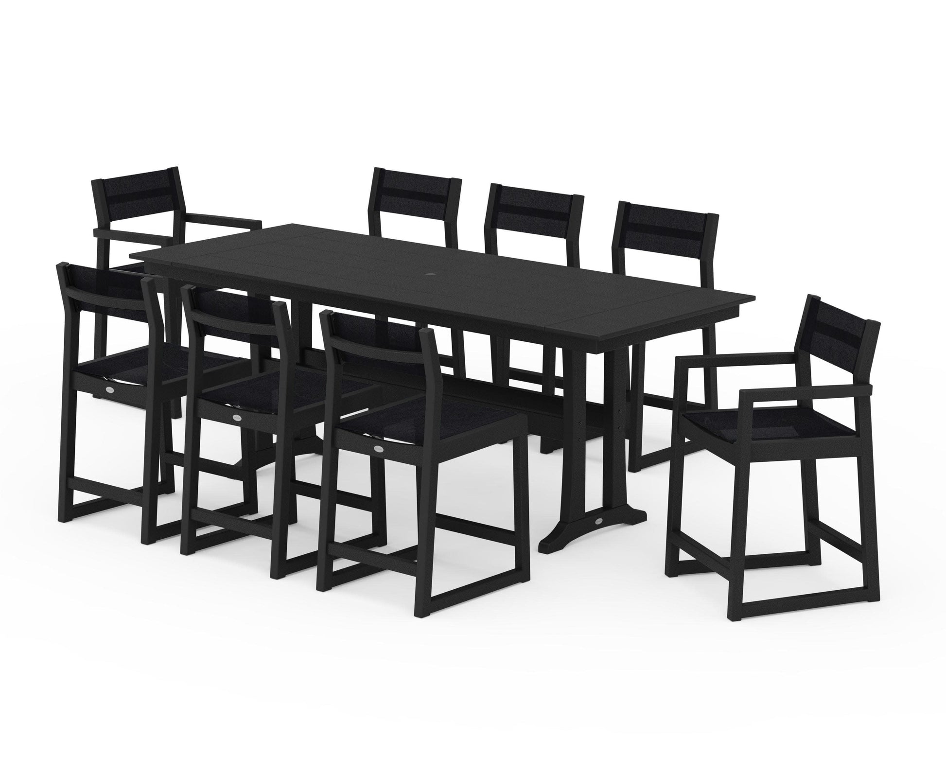 POLYWOOD EDGE Sling 9-Piece Farmhouse Counter Set with Trestle Legs — Black / Black Sling