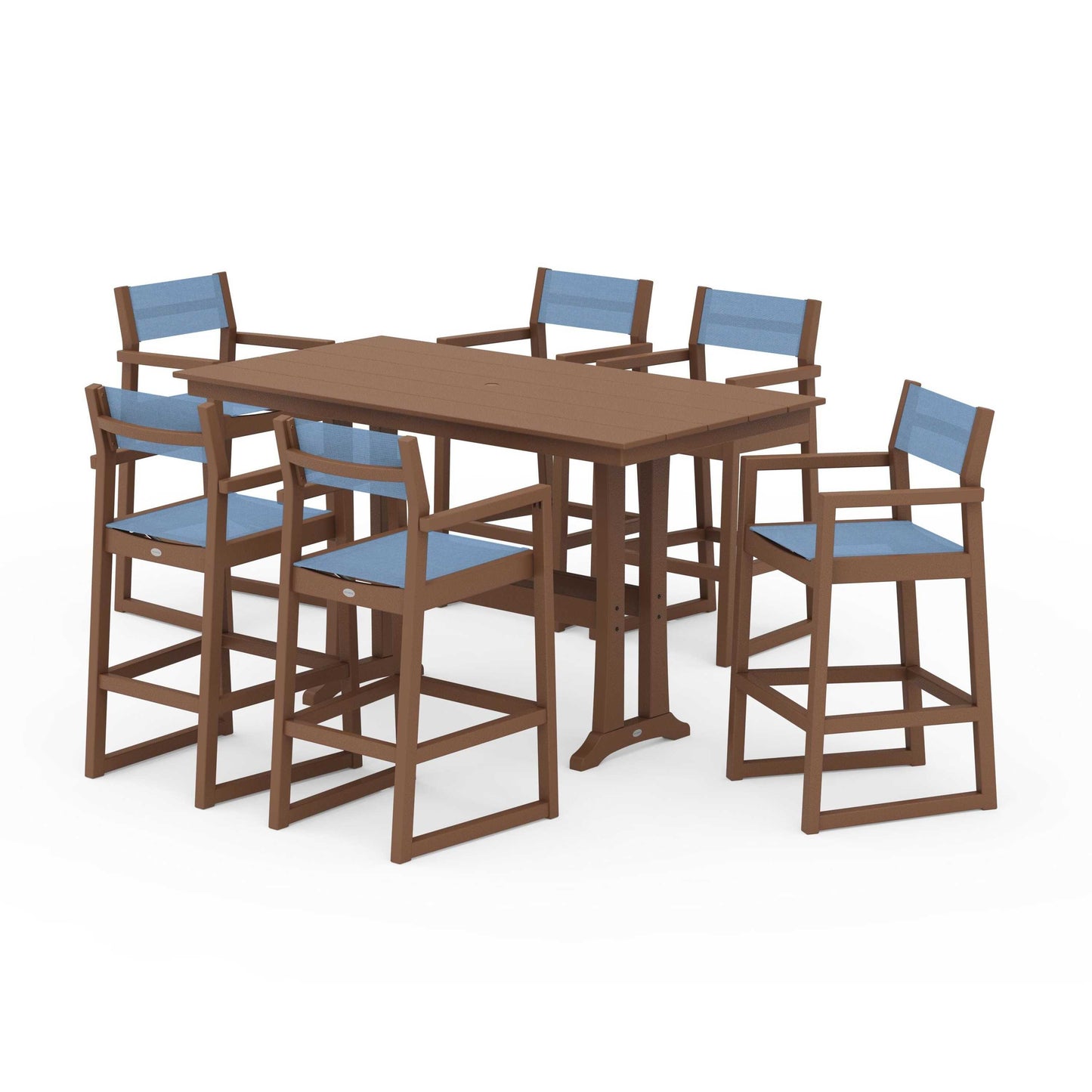 POLYWOOD EDGE Sling Arm Chair 7-Piece Farmhouse Bar Set with Trestle Legs — Teak / Poolside Sling
