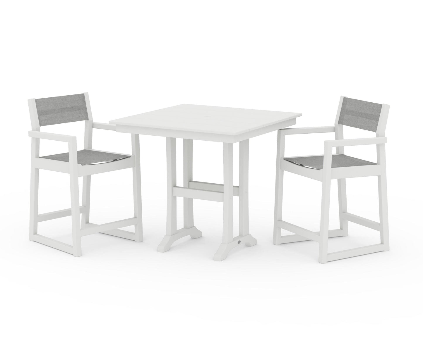 POLYWOOD EDGE Sling Arm Chair 3-Piece Farmhouse Counter Set with Trestle Legs — Vintage White / Metallic Sling