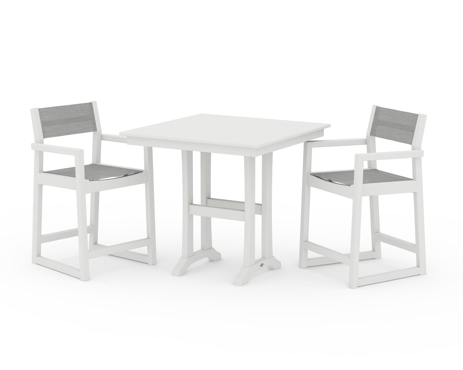 POLYWOOD EDGE Sling Arm Chair 3-Piece Farmhouse Counter Set with Trestle Legs — Vintage White / Metallic Sling