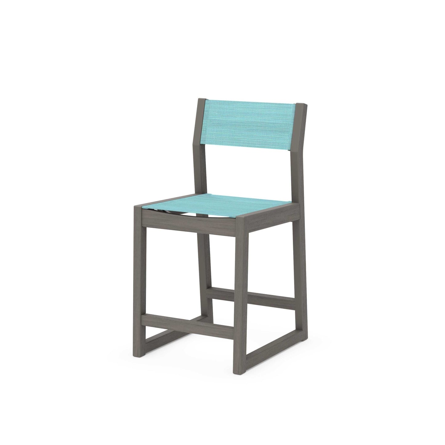 POLYWOOD EDGE Sling Counter Side Chair — Driftwood / Dupioni Aquamarine Sling