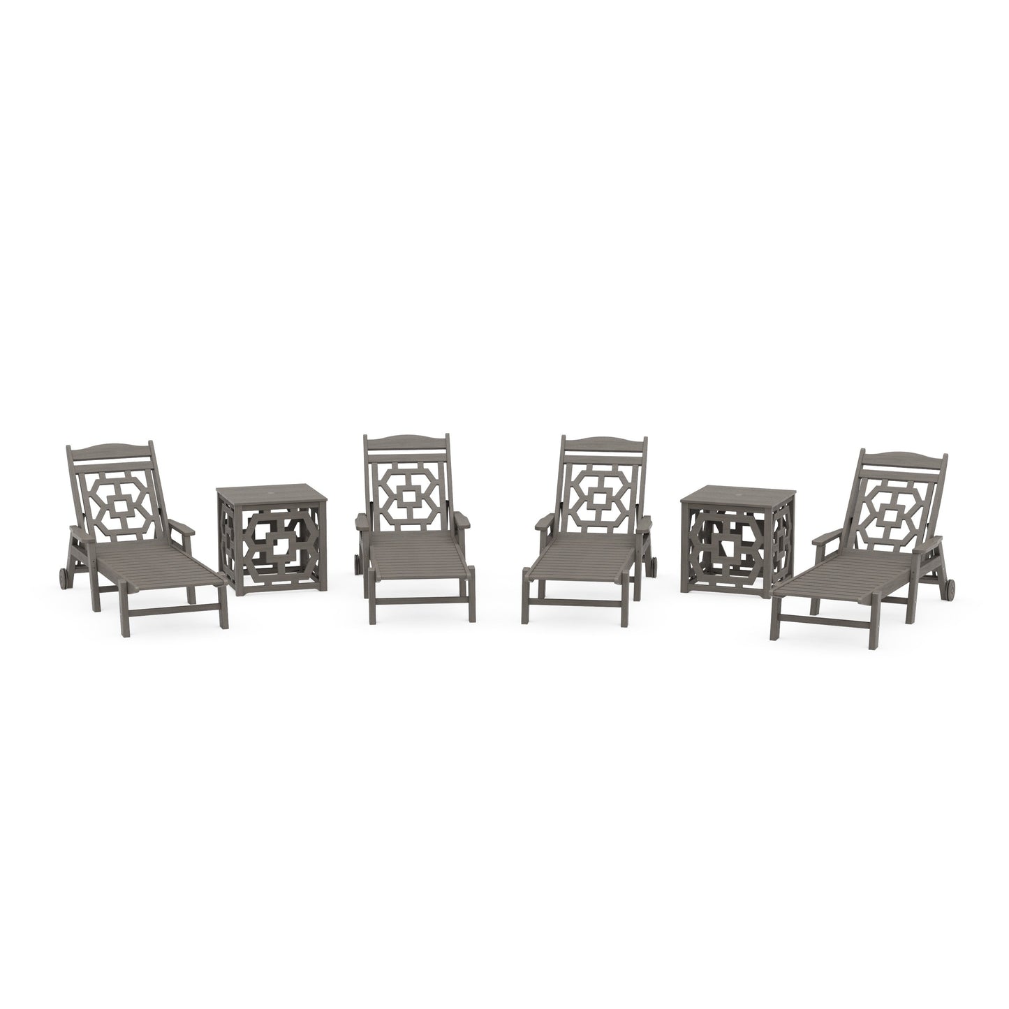 POLYWOOD Chinoiserie 6-Piece Chaise Set with Umbrella Stand Accent Table — Driftwood