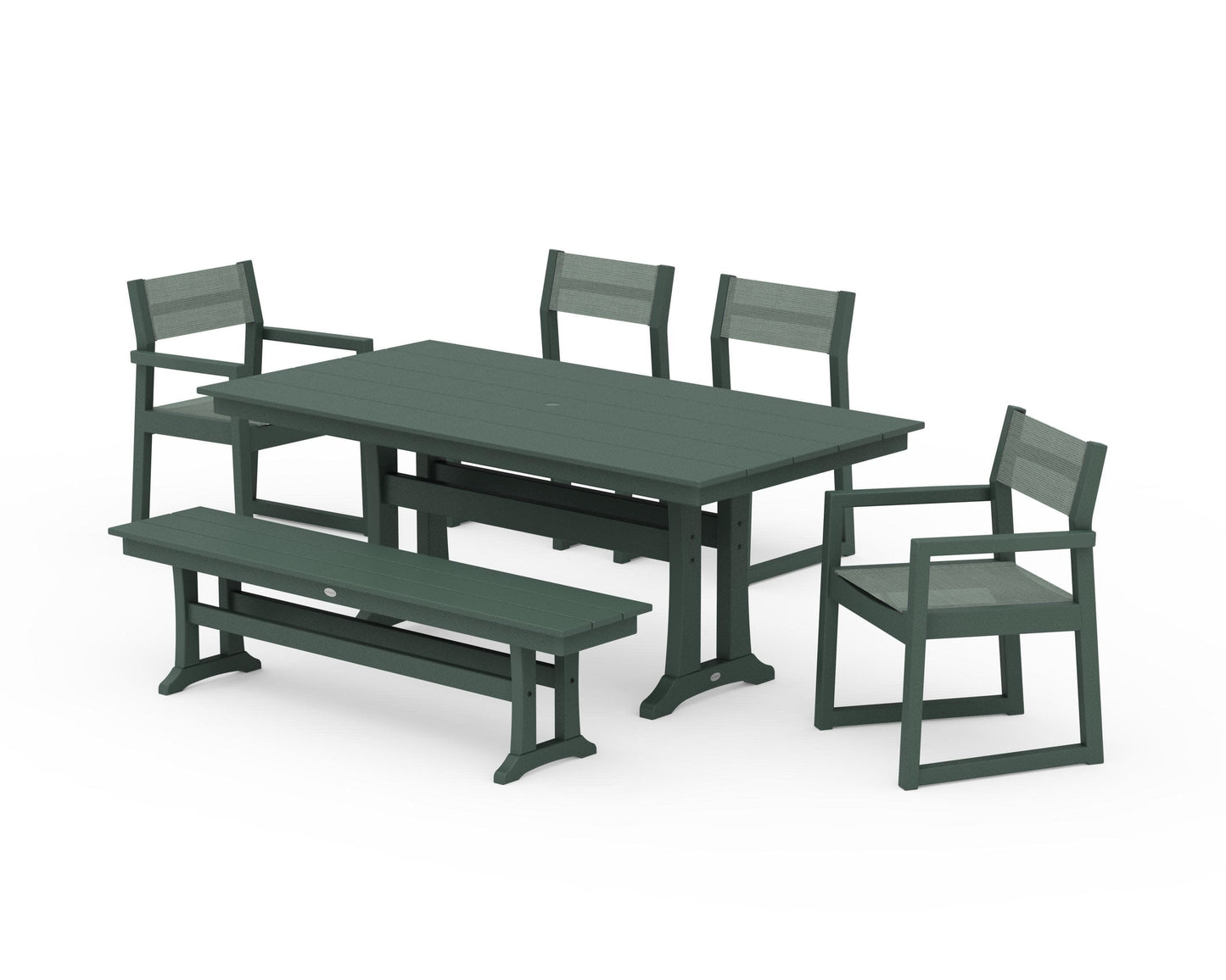 POLYWOOD EDGE Sling 6-Piece Farmhouse Dining Set With Trestle Legs — Green / Dupioni Sea Mist Sling