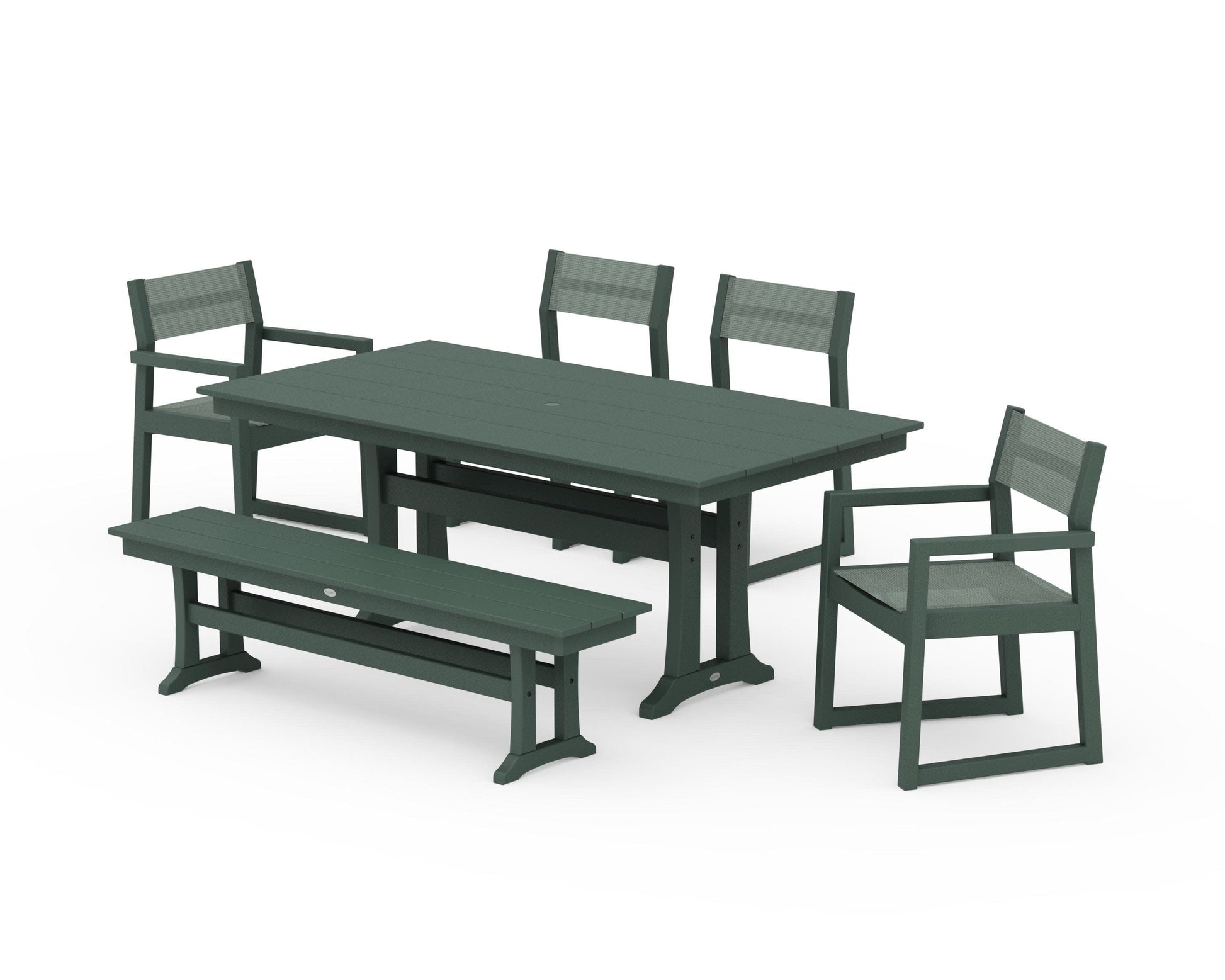 POLYWOOD EDGE Sling 6-Piece Farmhouse Dining Set With Trestle Legs — Green / Dupioni Sea Mist Sling