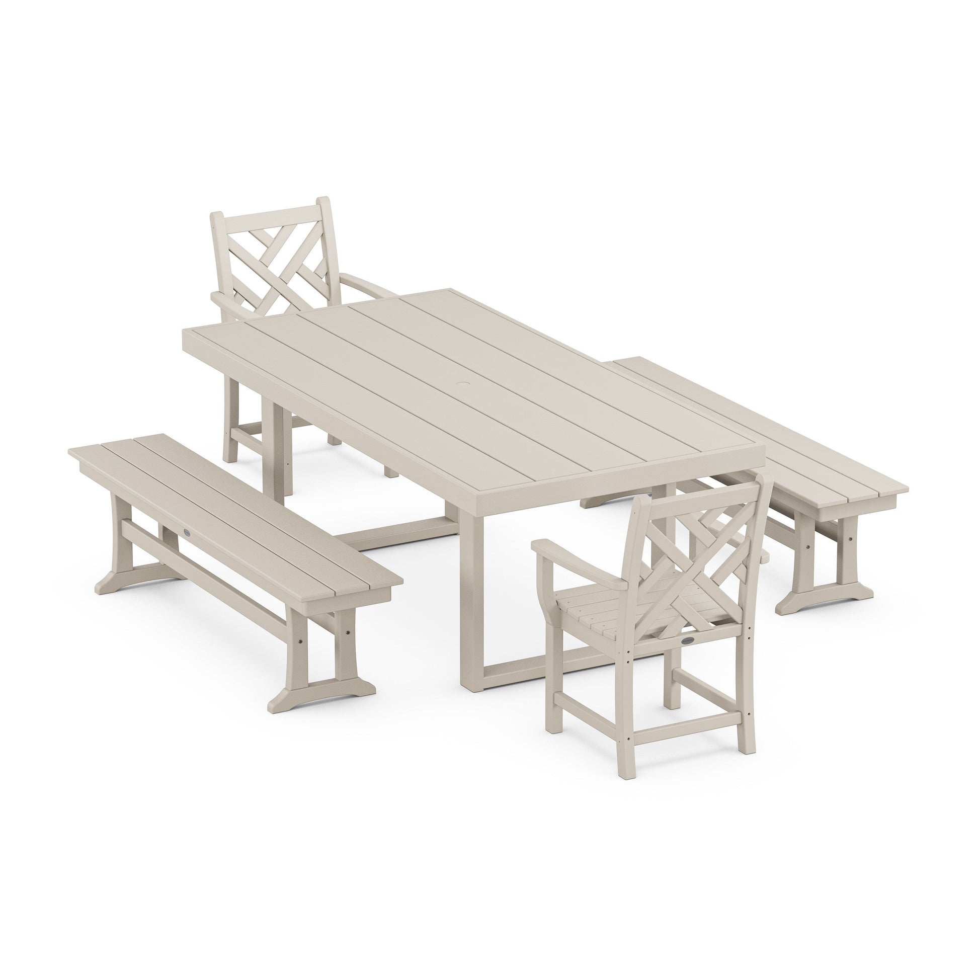 POLYWOOD Chippendale 5-Piece Dining Set with Benches — Sand