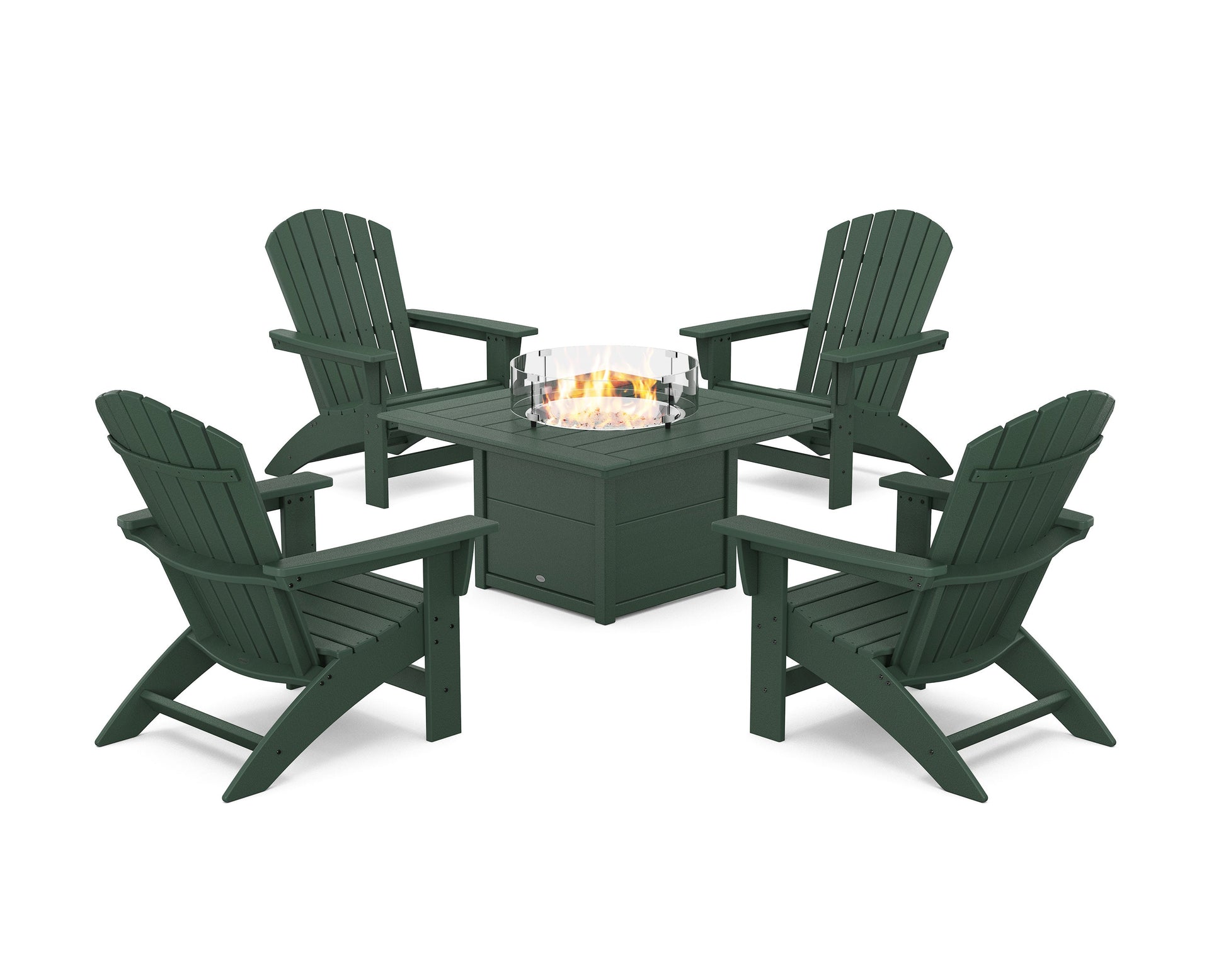 POLYWOOD 5-Piece Nautical Grand Adirondack Conversation Set with Fire Pit Table — Green