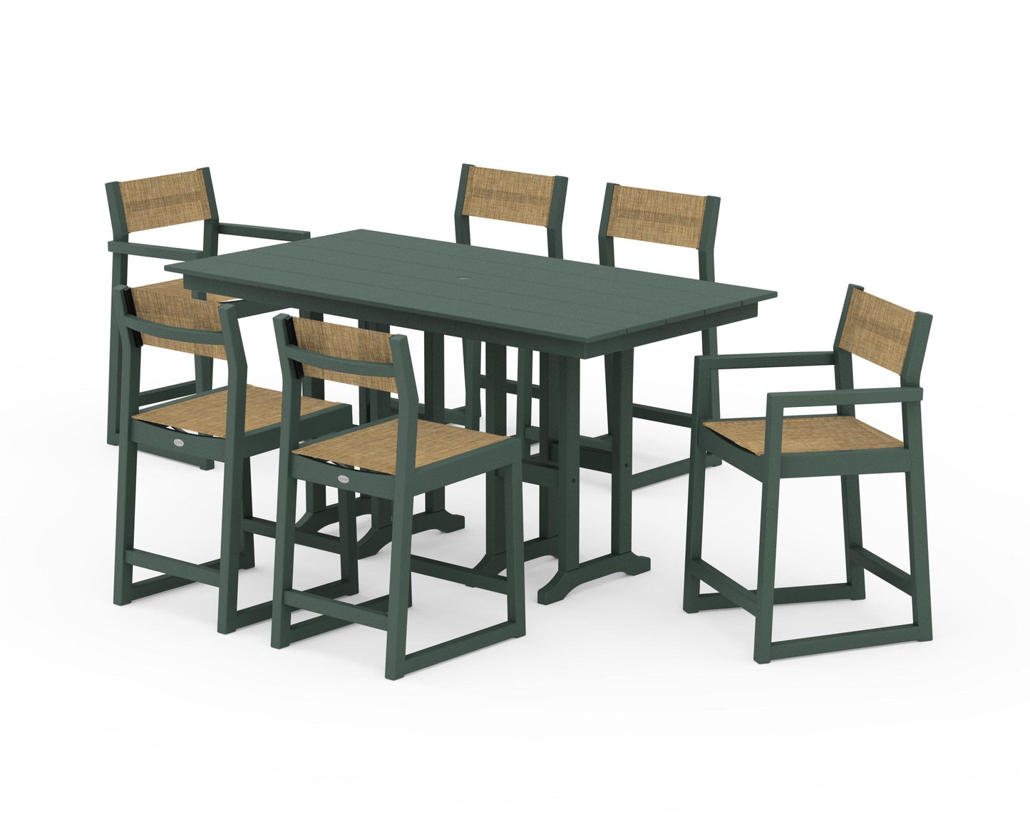 POLYWOOD EDGE Sling 7-Piece Farmhouse Counter Set with Trestle Legs — Green / Burlap Sling