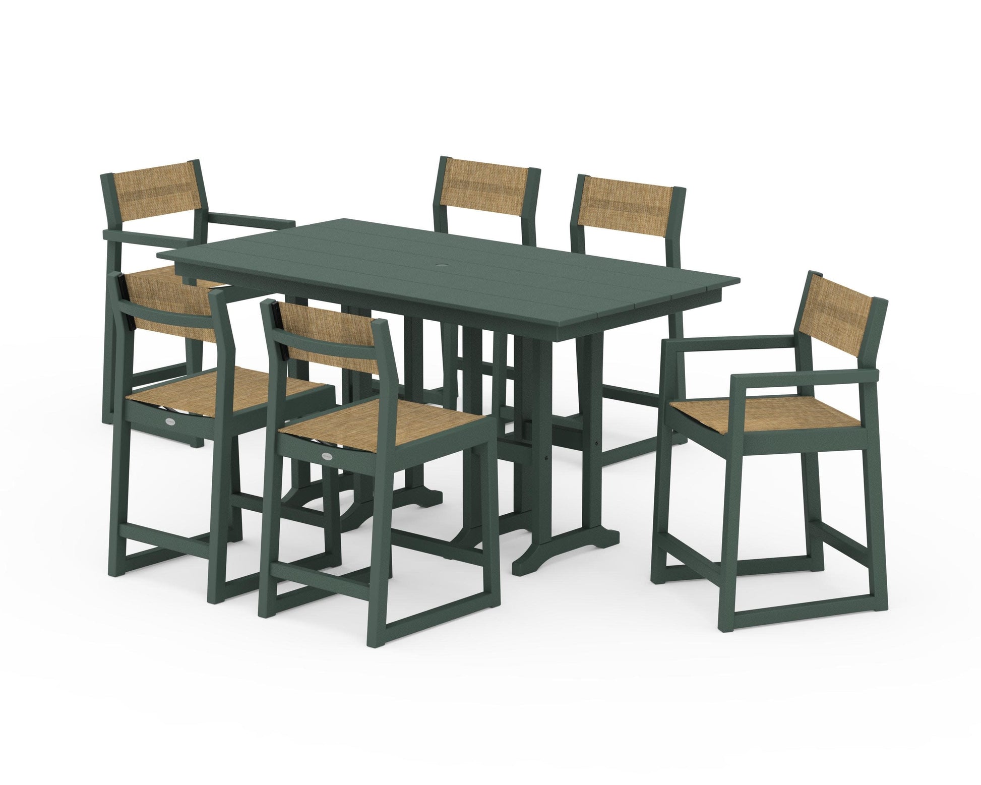 POLYWOOD EDGE Sling 7-Piece Farmhouse Counter Set with Trestle Legs — Green / Burlap Sling