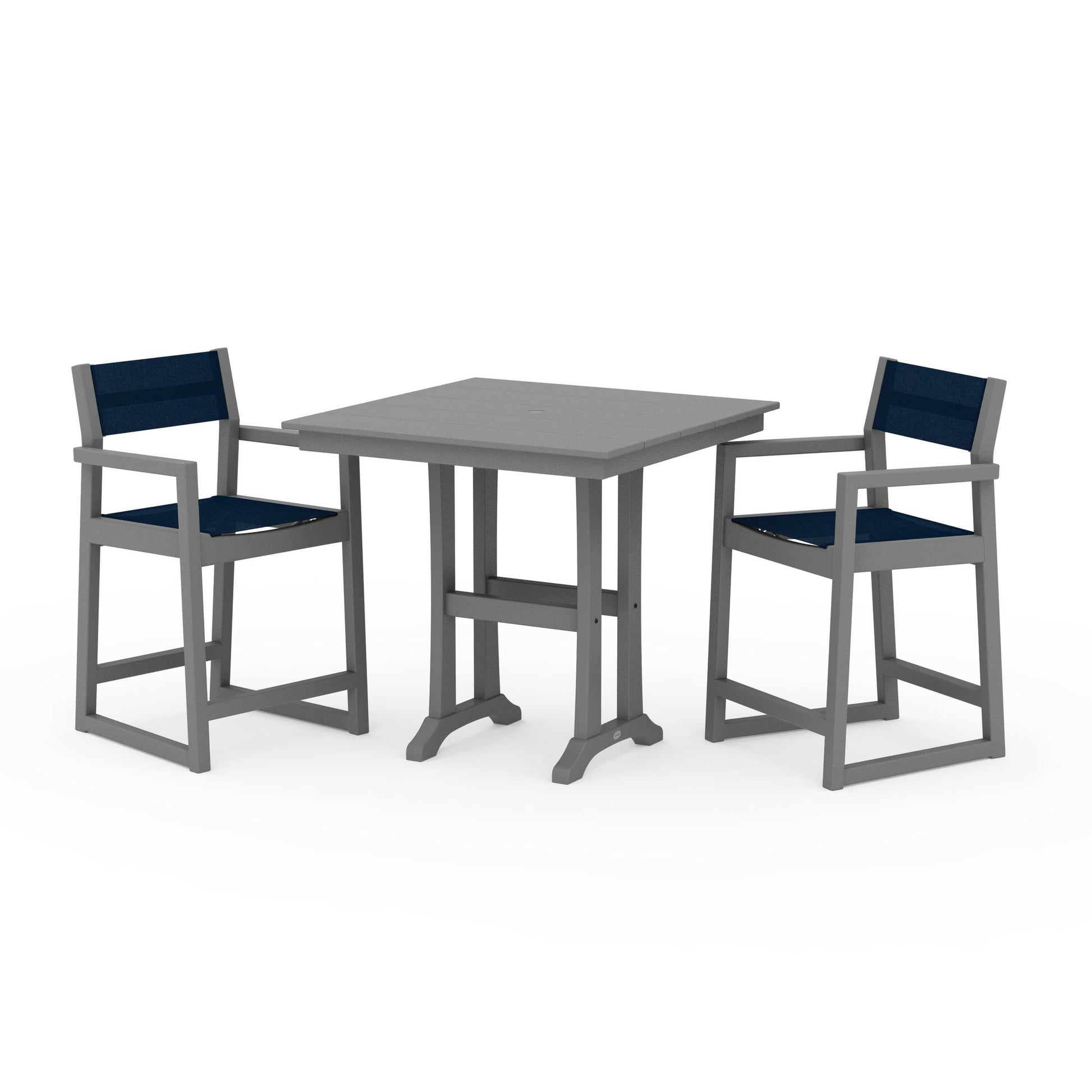 POLYWOOD EDGE Sling Arm Chair 3-Piece Farmhouse Counter Set with Trestle Legs — Slate Grey / Navy Blue Sling