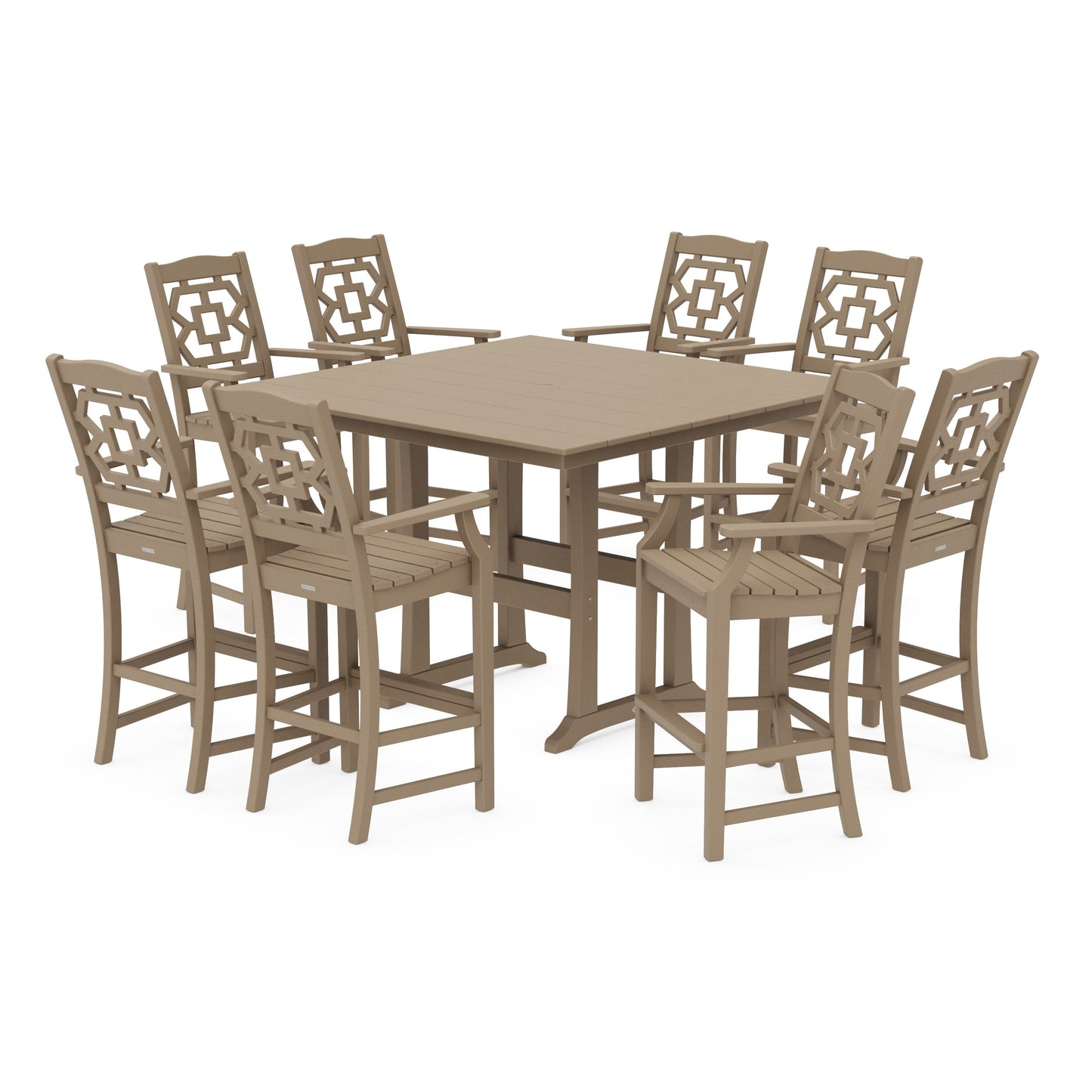 POLYWOOD Chinoiserie 9-Piece Square Farmhouse Side Chair Bar Set with Trestle Legs — Vintage Sahara