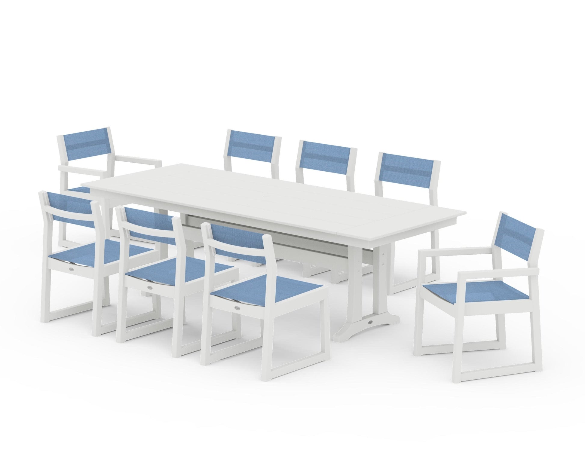 POLYWOOD EDGE Sling 9-Piece Farmhouse Trestle Dining Set — Vintage White / Poolside Sling