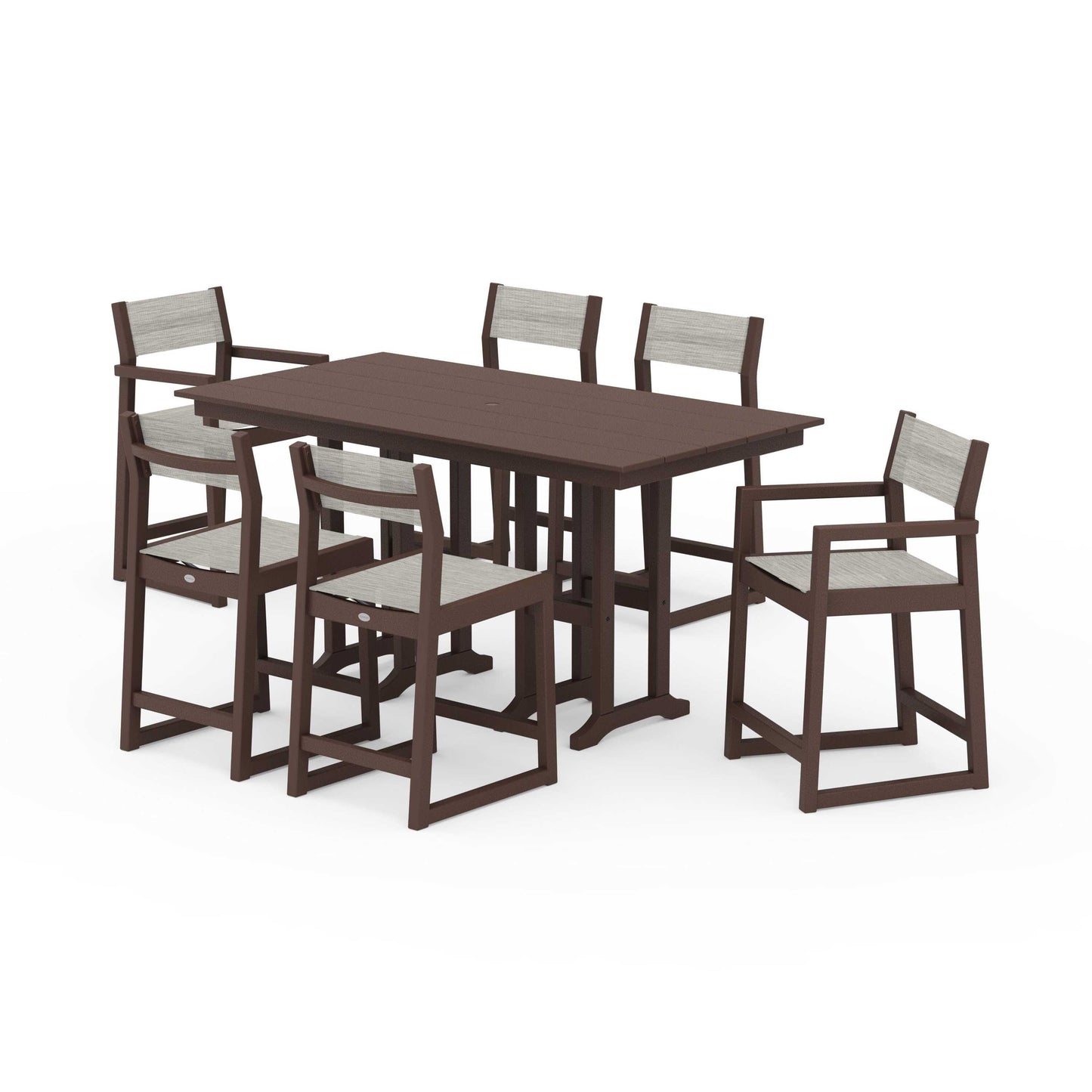 POLYWOOD EDGE Sling 7-Piece Farmhouse Counter Set with Trestle Legs — Mahogany / Birch Sling