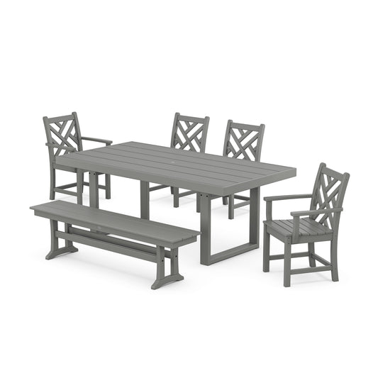 POLYWOOD Chippendale 6-Piece Dining Set with Bench — Slate Grey