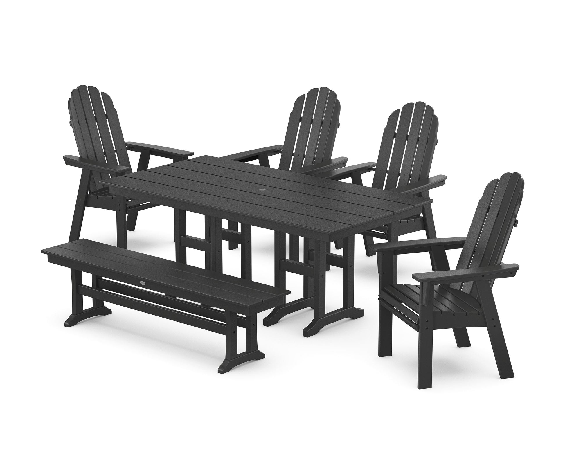 POLYWOOD Vineyard Curveback Adirondack Chair 6-Piece Farmhouse Dining Set with Bench — Black
