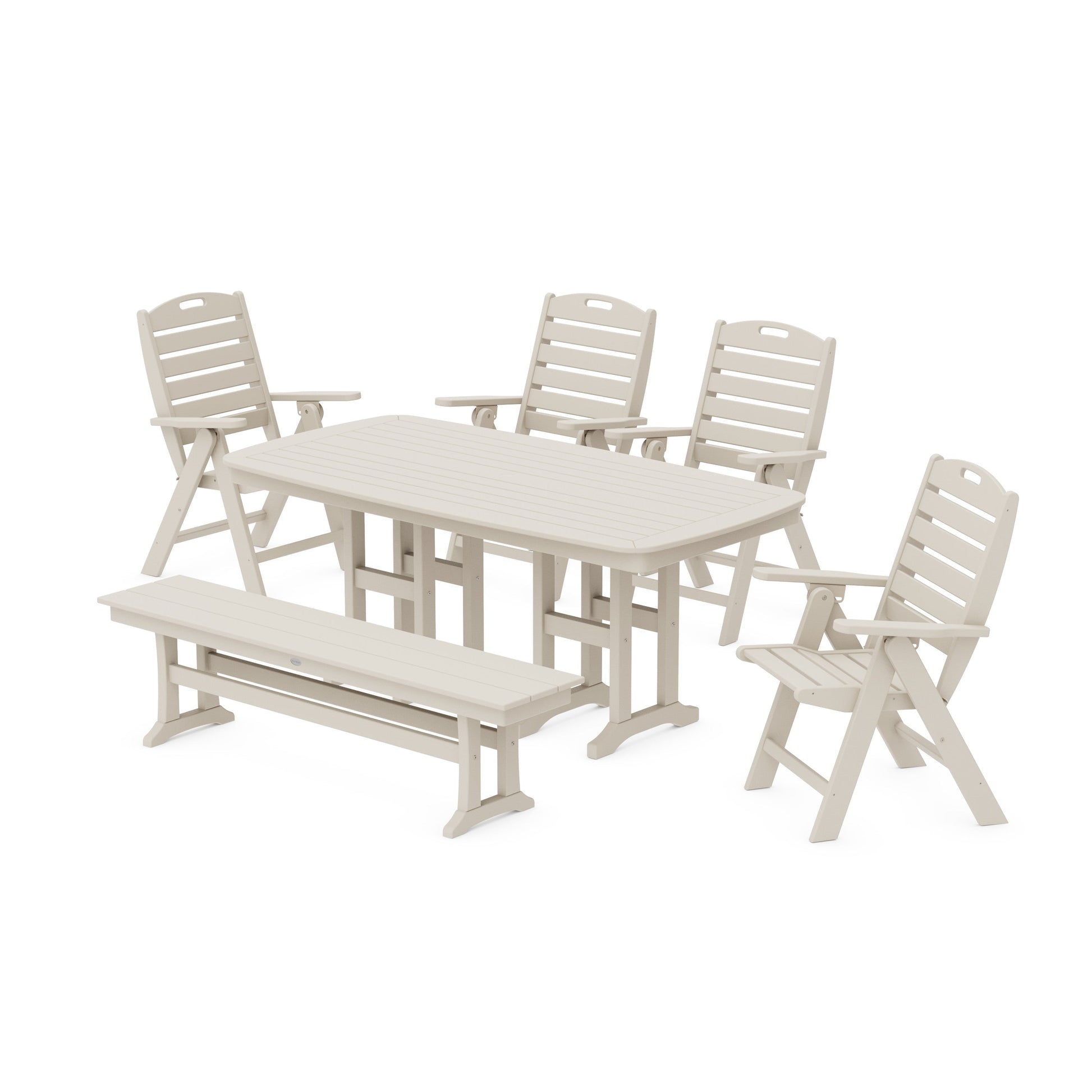 POLYWOOD Nautical Highback 6-Piece Dining Set with Bench — Sand
