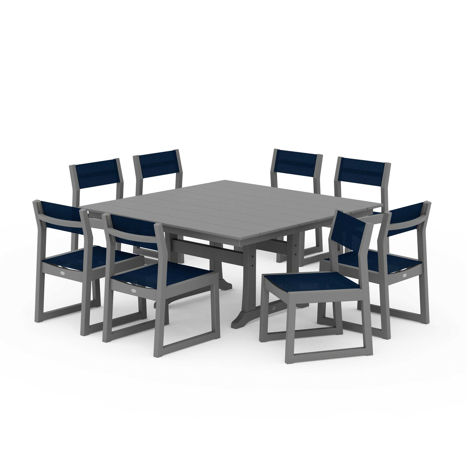 POLYWOOD EDGE Sling Side Chair 9-Piece Farmhouse Trestle Dining Set — Slate Grey / Navy Blue Sling