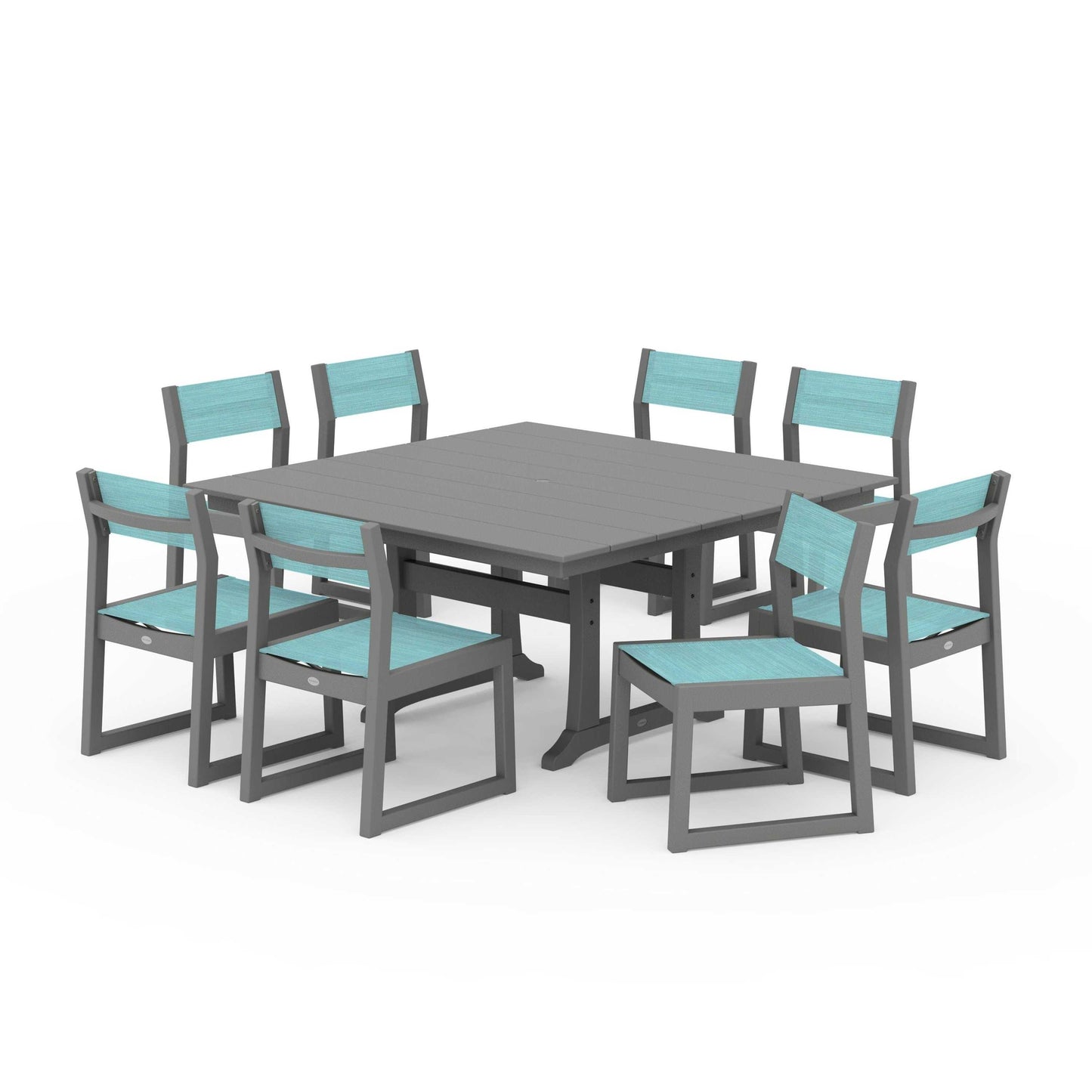 POLYWOOD EDGE Sling Side Chair 9-Piece Farmhouse Trestle Dining Set — Slate Grey / Dupioni Aquamarine Sling