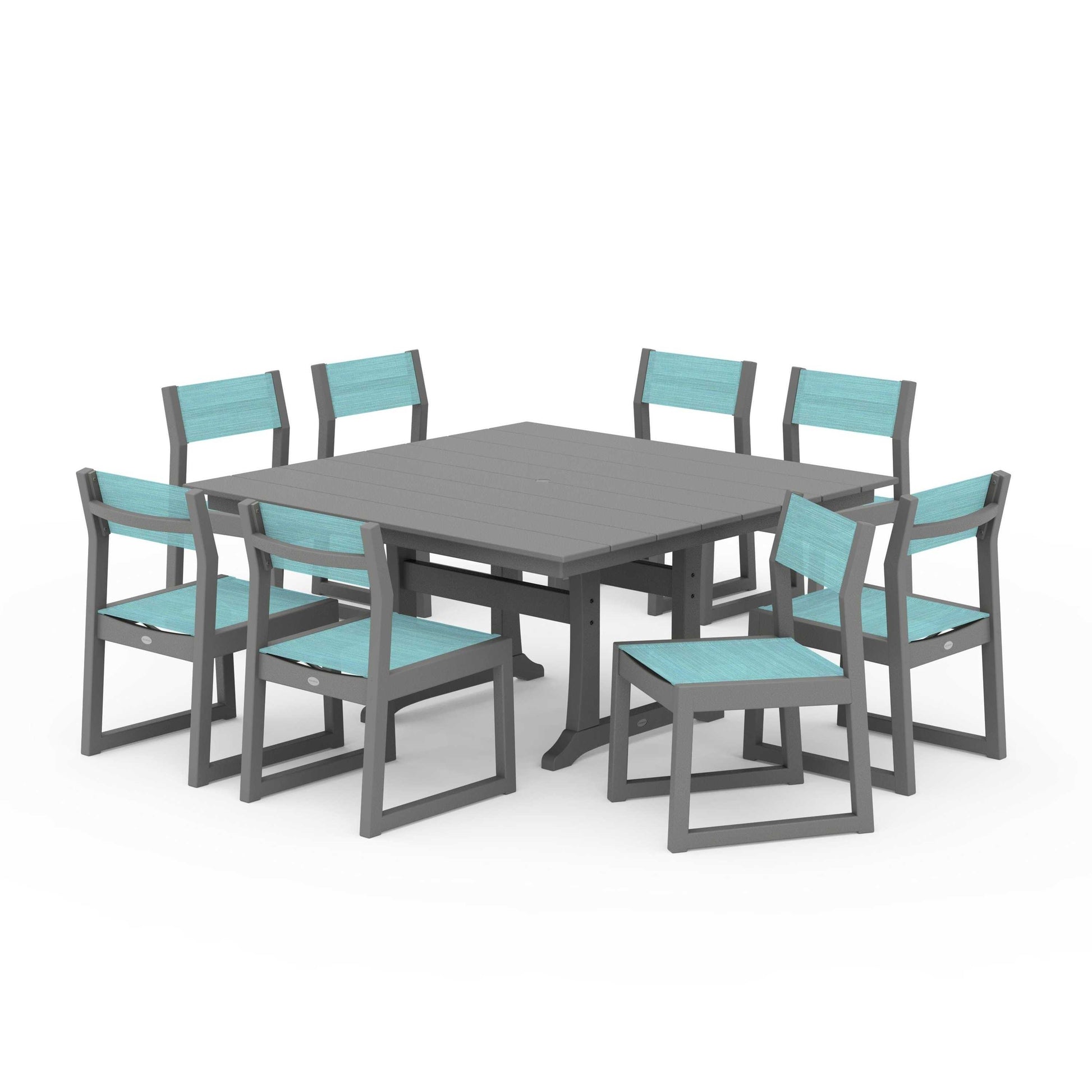 POLYWOOD EDGE Sling Side Chair 9-Piece Farmhouse Trestle Dining Set — Slate Grey / Dupioni Aquamarine Sling
