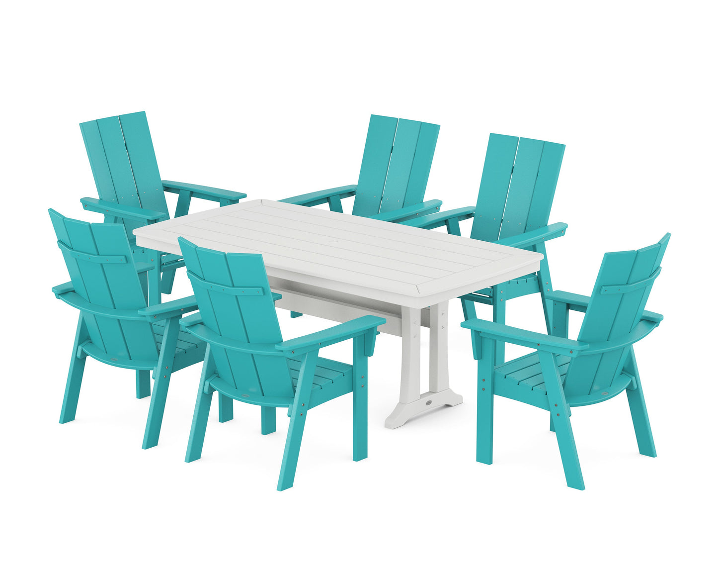 POLYWOOD Modern Curveback Adirondack 7-Piece Dining Set with Trestle Legs — Aruba / White