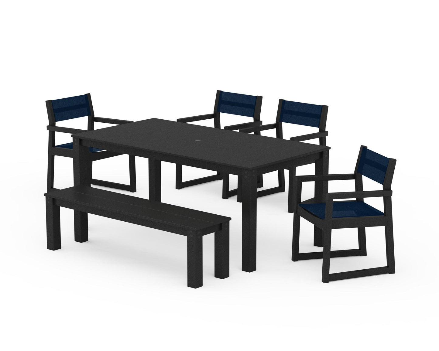 POLYWOOD EDGE Sling Arm Chair 6-Piece Parsons Dining Set with Bench — Black / Navy Blue Sling
