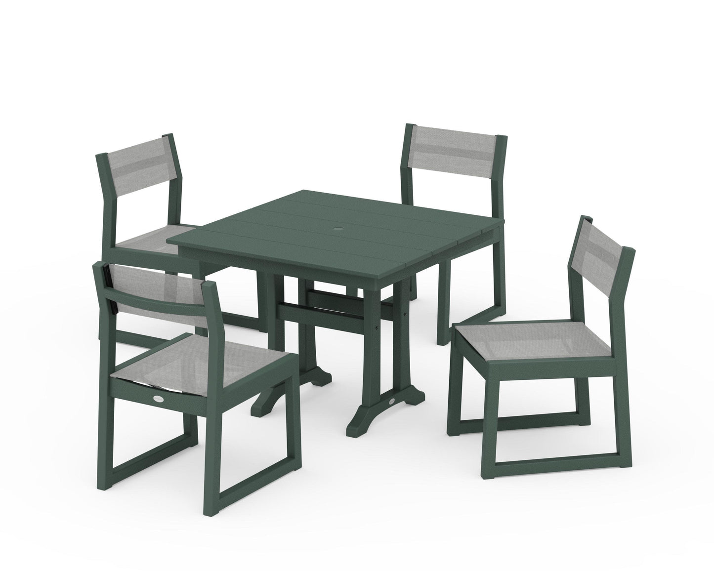 POLYWOOD EDGE Sling 5-Piece Farmhouse Trestle Side Chair Dining Set — Green / Metallic Sling