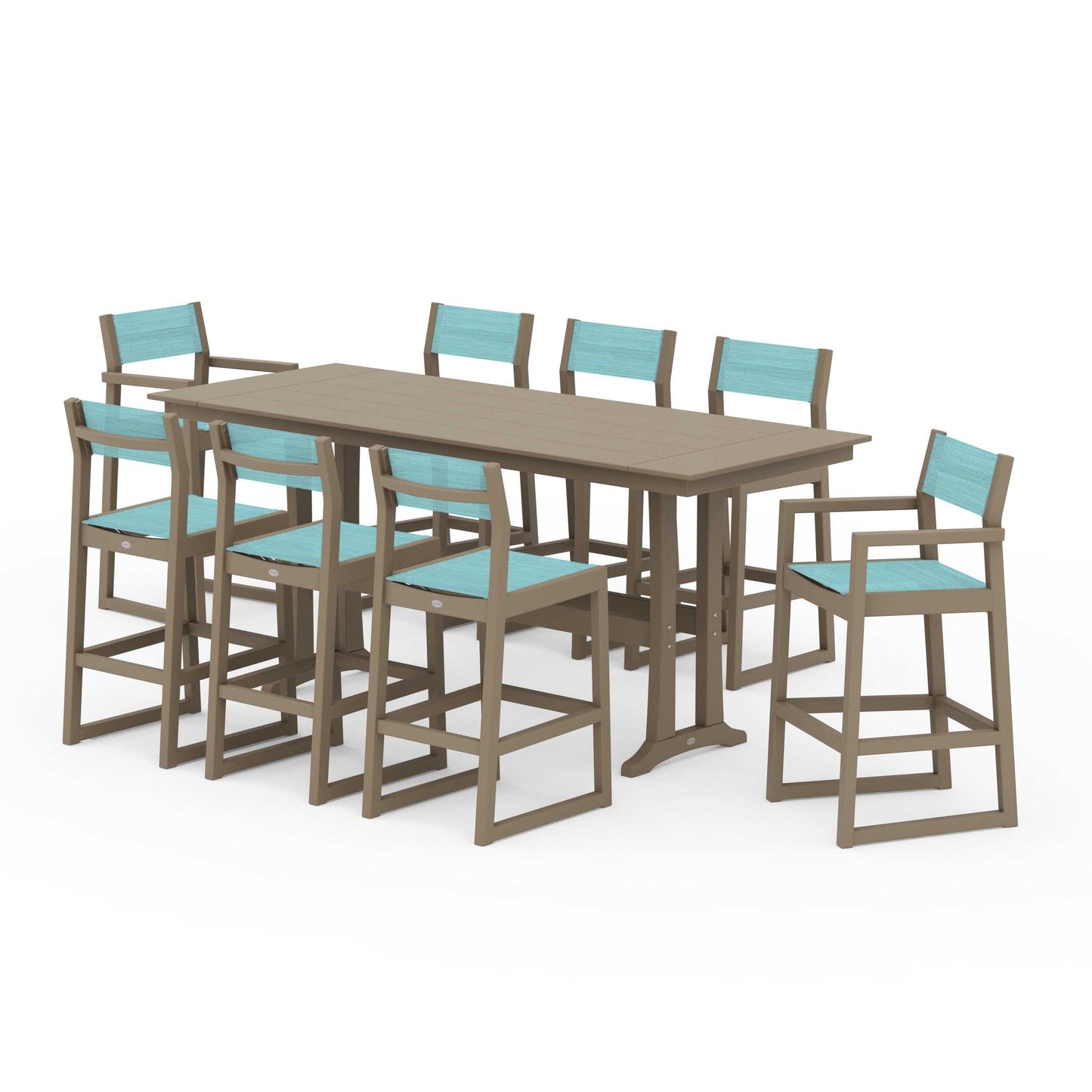 POLYWOOD EDGE Sling 9-Piece Farmhouse Bar Set with Trestle Legs — Vintage Sahara / Dupioni Aquamarine Sling