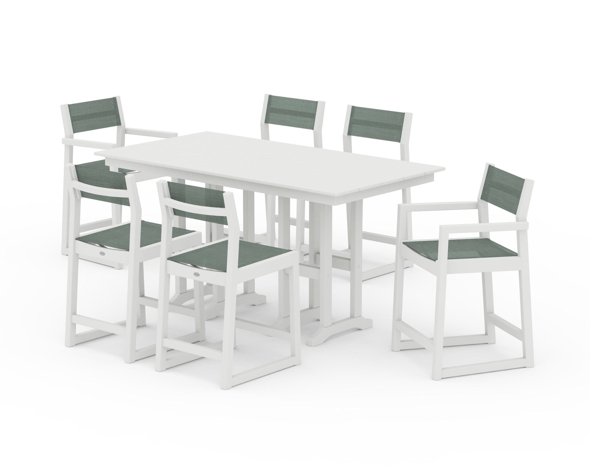 POLYWOOD EDGE Sling 7-Piece Farmhouse Counter Set with Trestle Legs — Vintage White / Dupioni Sea Mist Sling