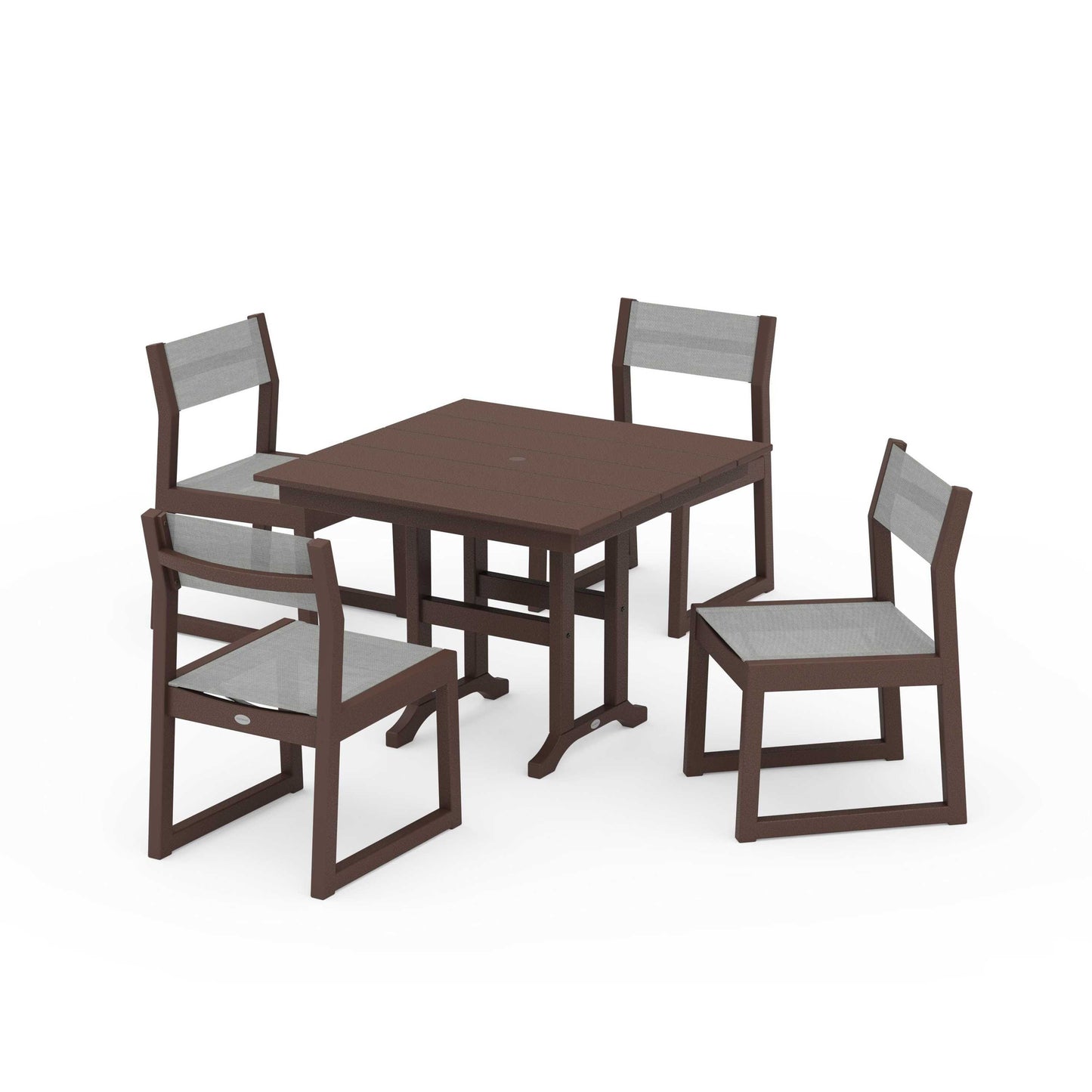 POLYWOOD EDGE Sling Side Chair 5-Piece Farmhouse Dining Set — Mahogany / Metallic Sling
