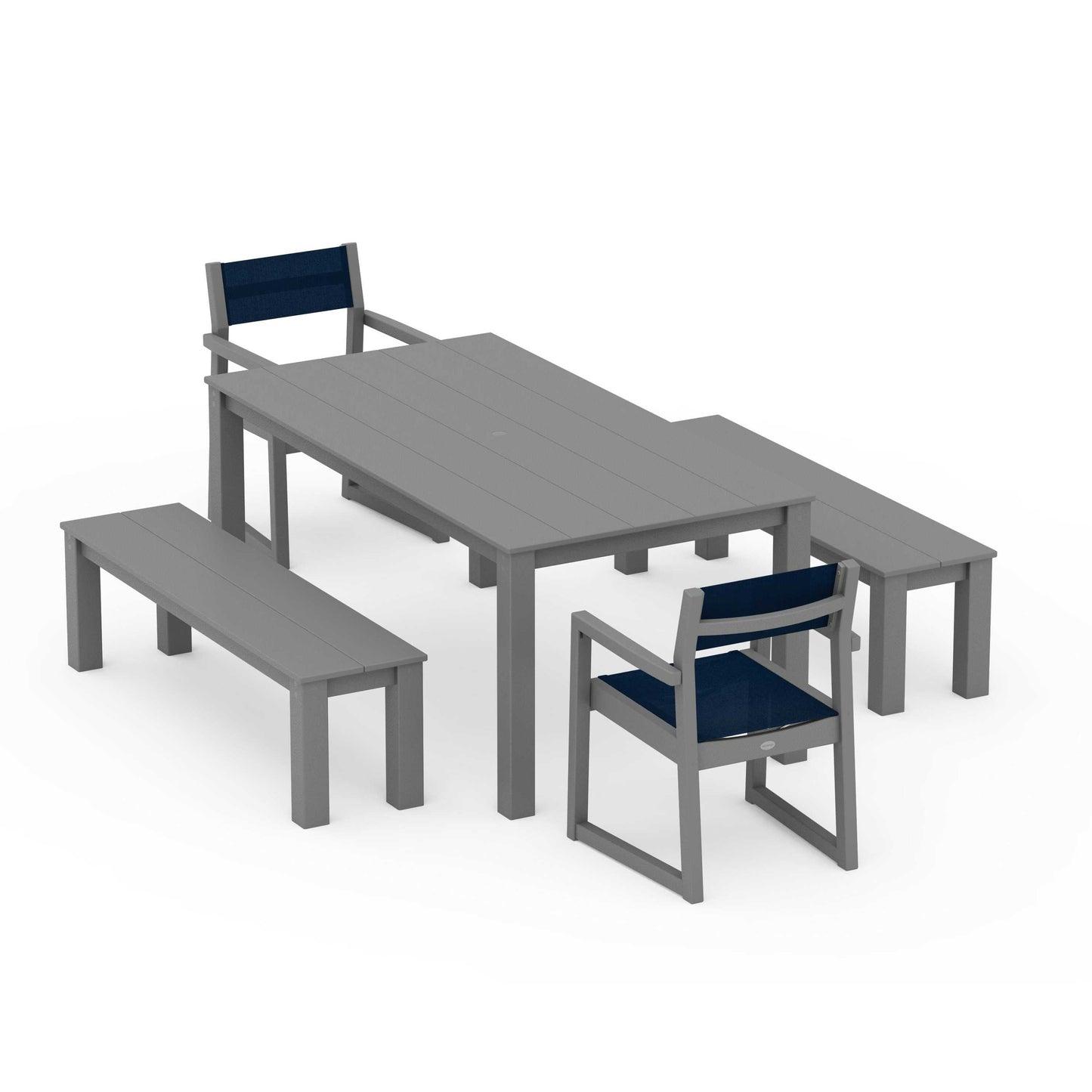 POLYWOOD EDGE Sling Arm Chair 5-Piece Parsons Dining Set with Benches — Slate Grey / Navy Blue Sling