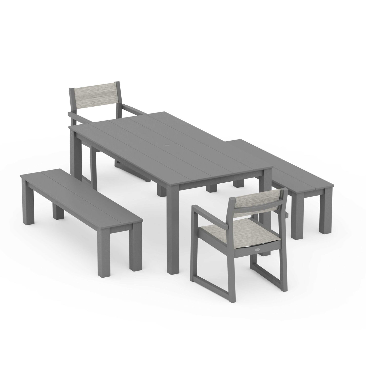 POLYWOOD EDGE Sling Arm Chair 5-Piece Parsons Dining Set with Benches — Slate Grey / Birch Sling