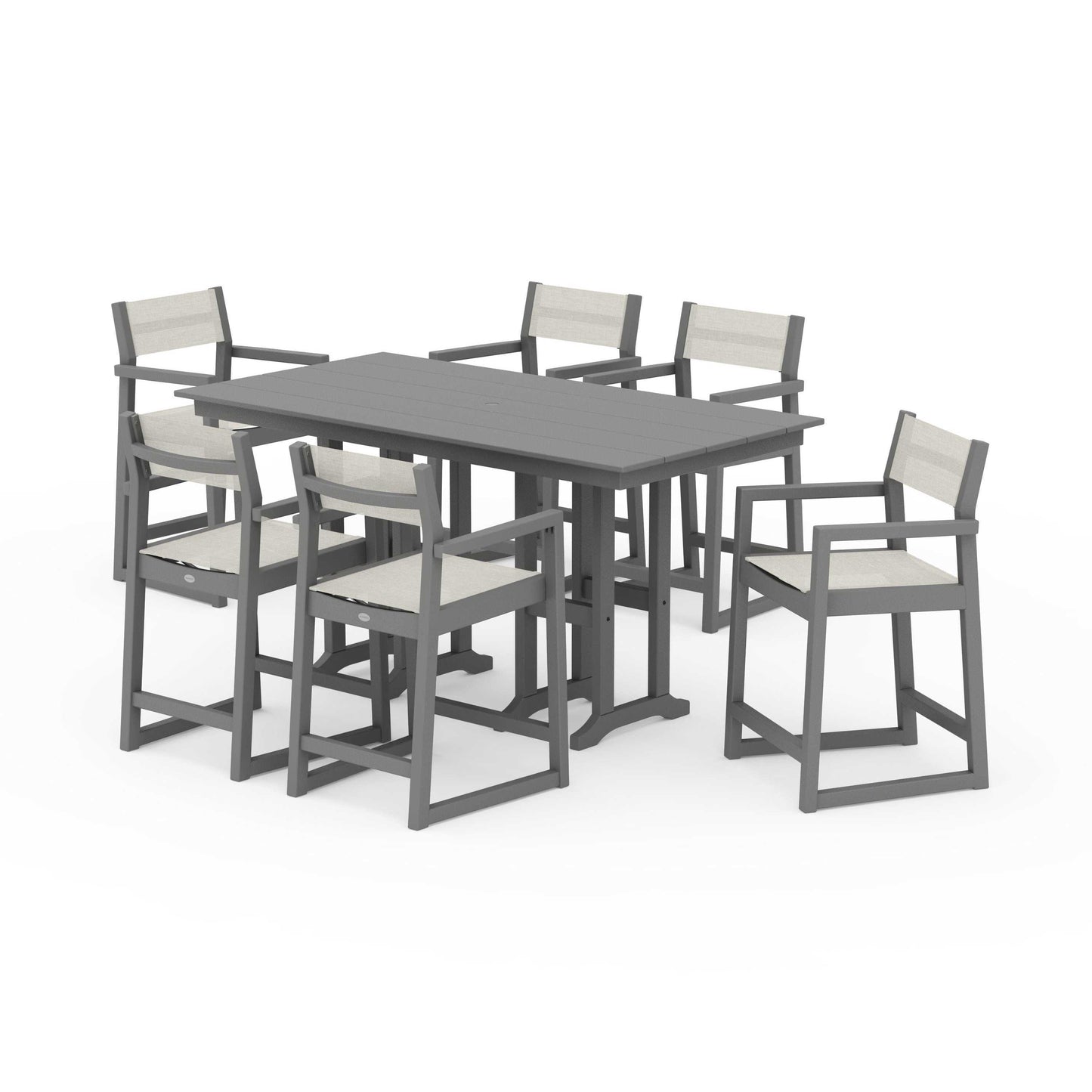 POLYWOOD EDGE Sling Arm Chair 7-Piece Farmhouse Counter Set — Slate Grey / Parchment Sling