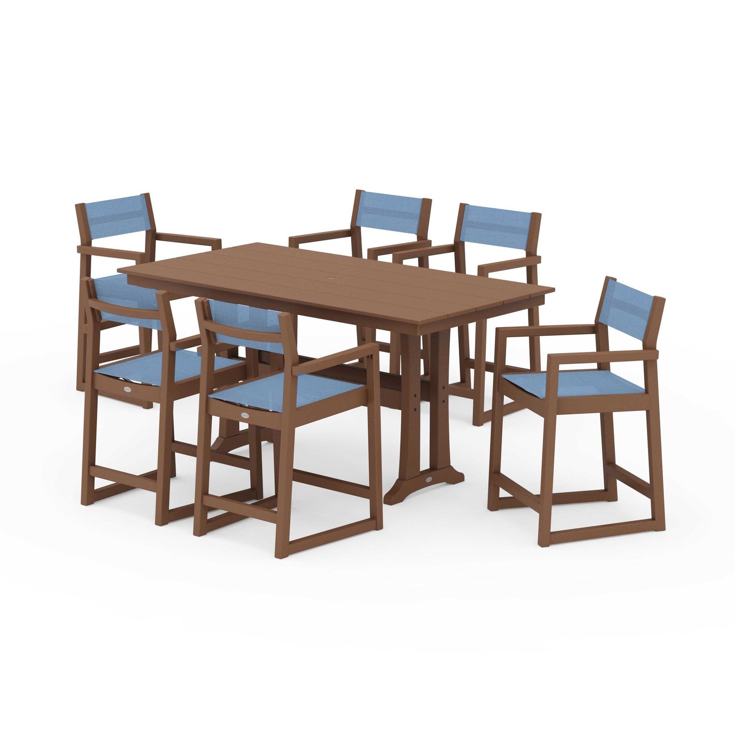 POLYWOOD EDGE Sling Arm Chair 7-Piece Farmhouse Counter Set with Trestle Legs — Teak / Poolside Sling