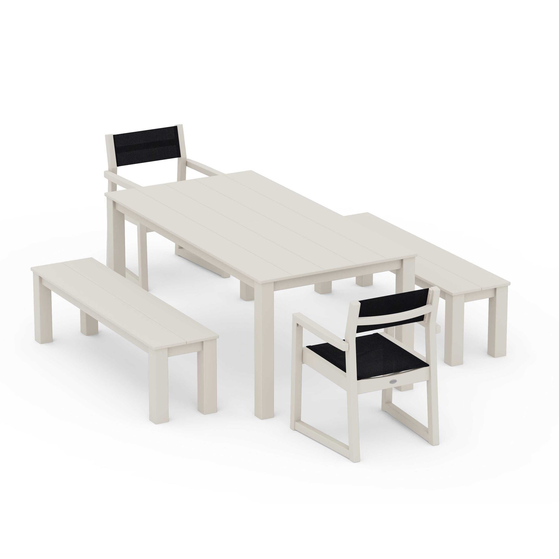 POLYWOOD EDGE Sling Arm Chair 5-Piece Parsons Dining Set with Benches — Sand / Black Sling