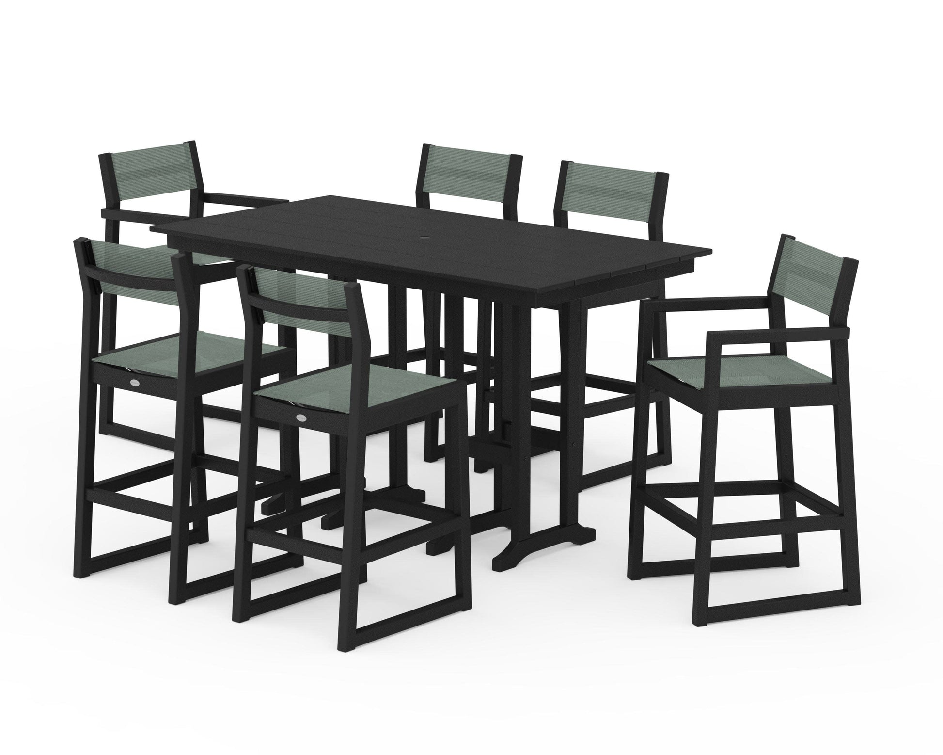 POLYWOOD EDGE Sling 7-Piece Farmhouse Bar Set — Black / Dupioni Sea Mist Sling
