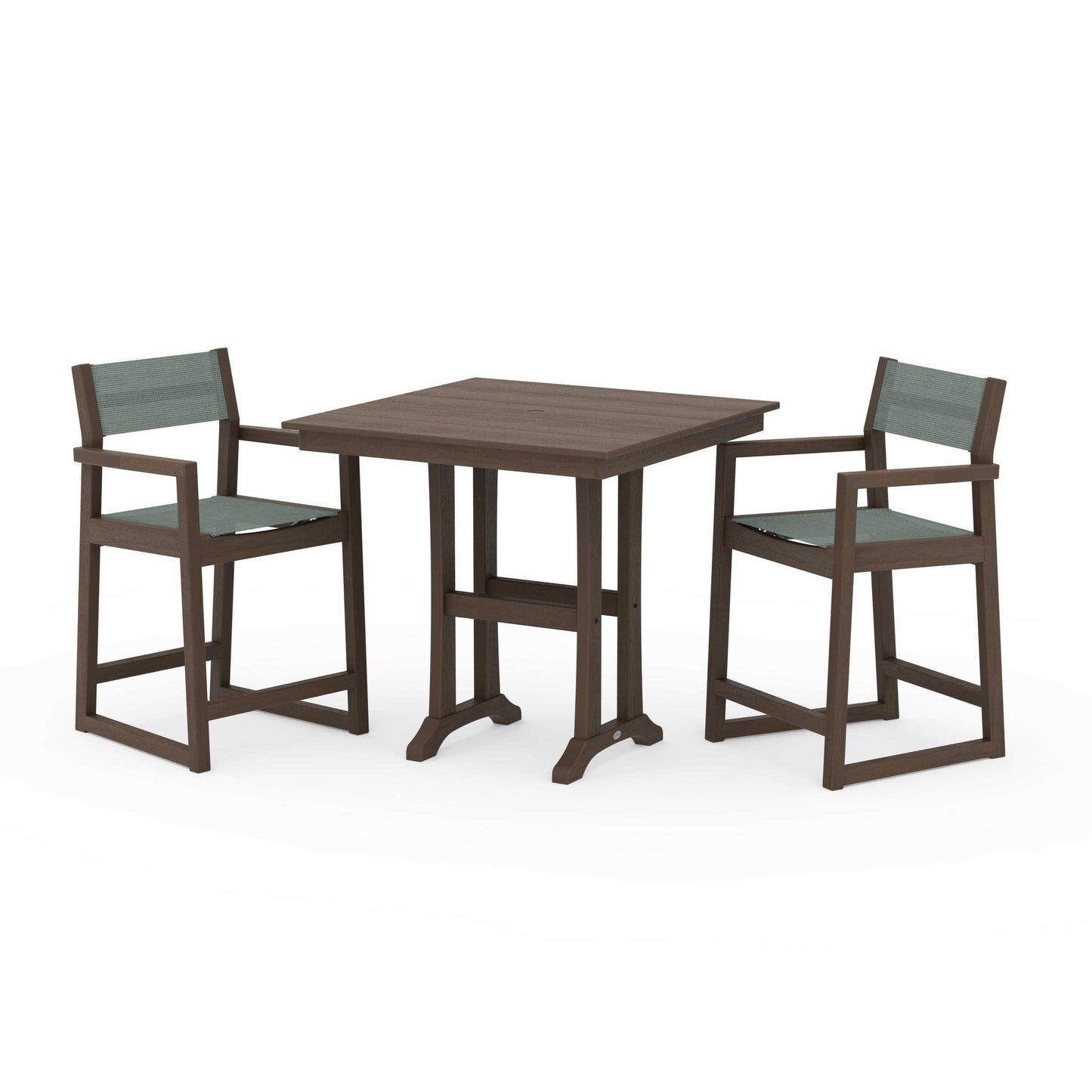 POLYWOOD EDGE Sling Arm Chair 3-Piece Farmhouse Counter Set with Trestle Legs — Kona / Dupioni Sea Mist Sling
