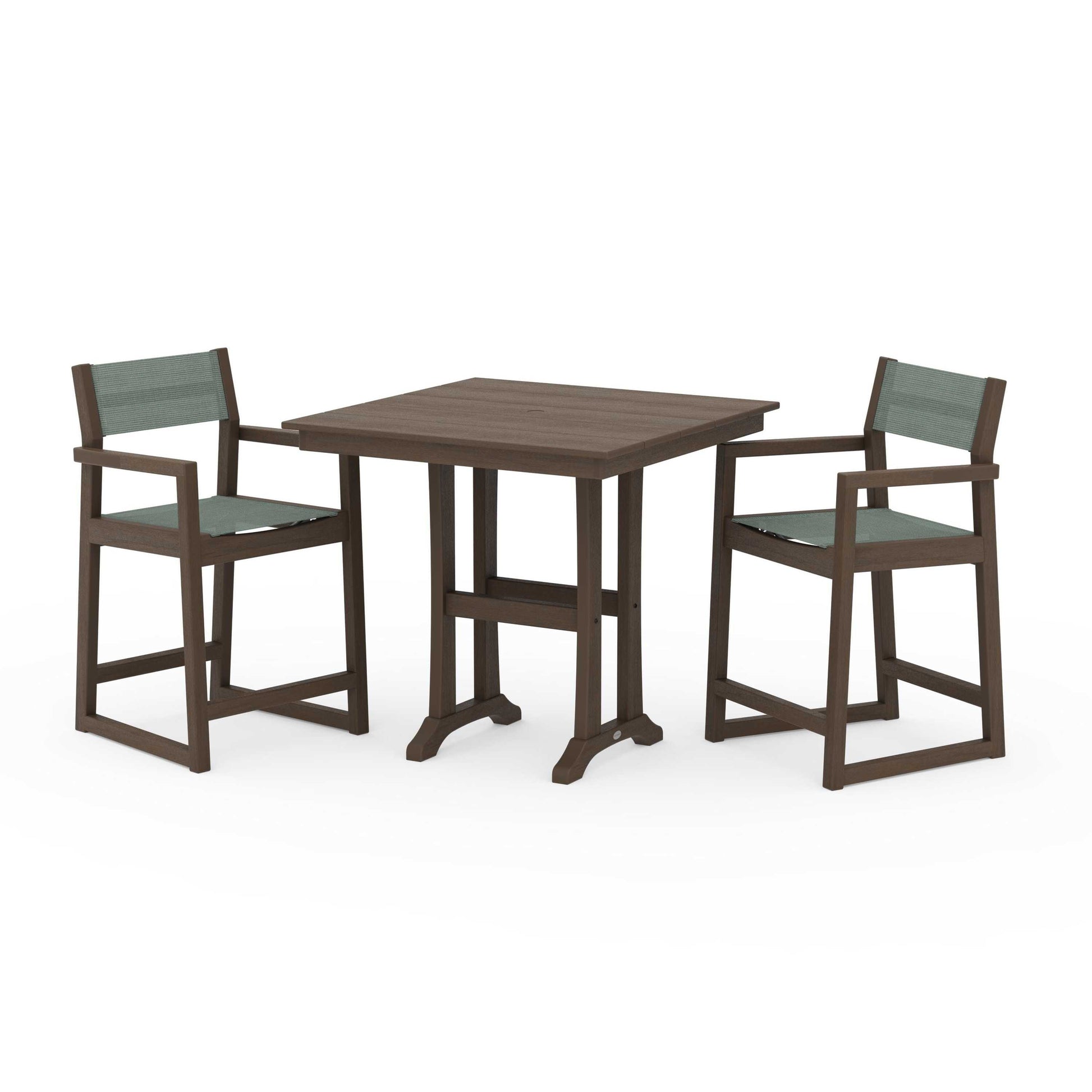 POLYWOOD EDGE Sling Arm Chair 3-Piece Farmhouse Counter Set with Trestle Legs — Kona / Dupioni Sea Mist Sling