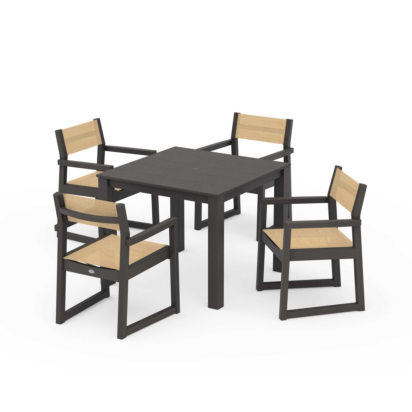 POLYWOOD EDGE Sling Arm Chair 5-Piece Parsons Dining Set — Vintage Coffee / Dupioni Apricot Sling