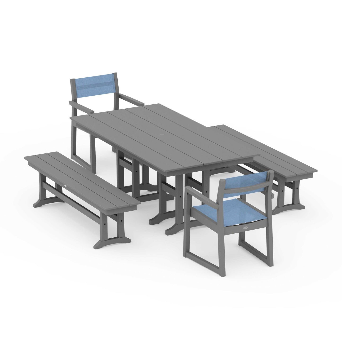 POLYWOOD EDGE Sling Arm Chair 5-Piece Farmhouse Dining Set with Benches — Slate Grey / Poolside Sling