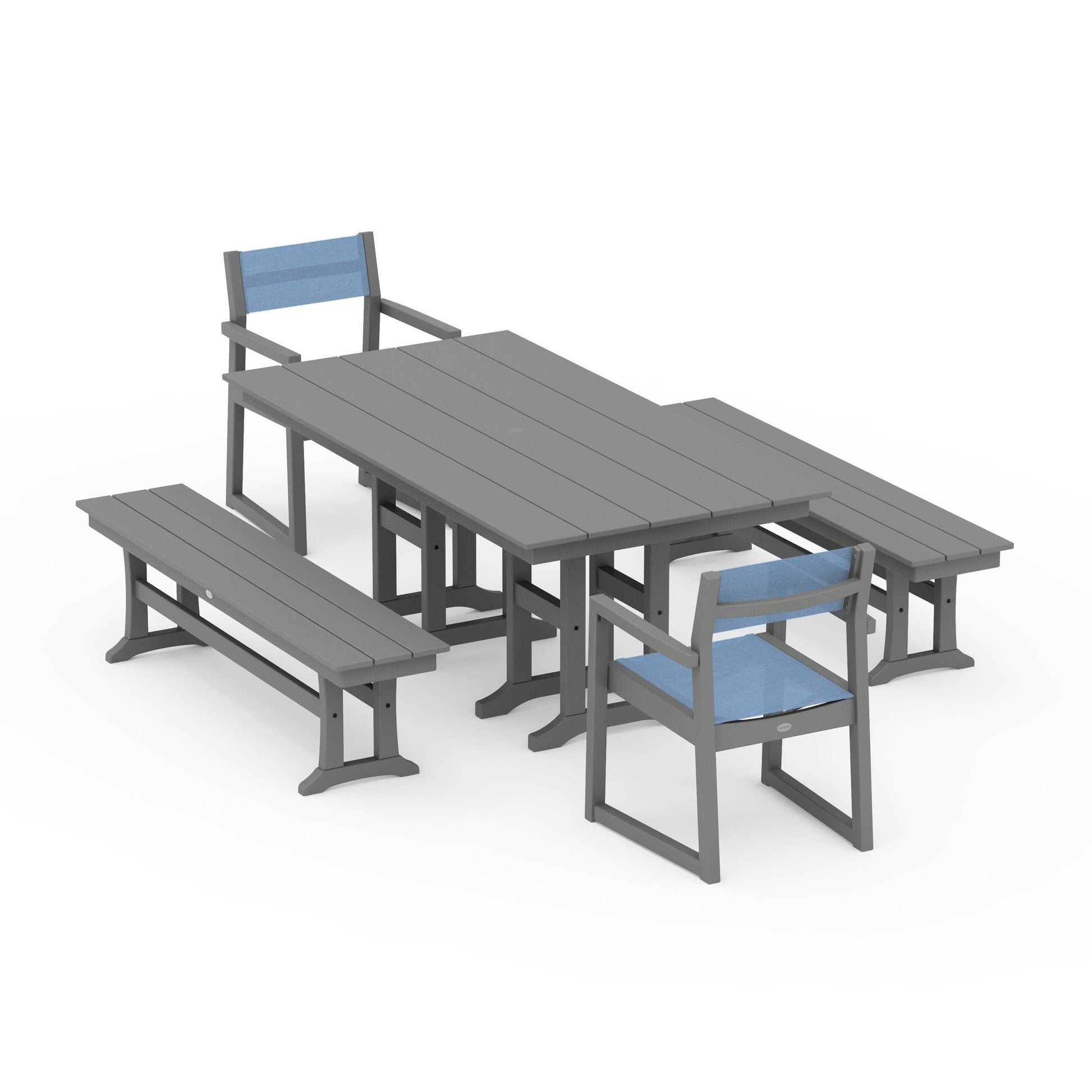 POLYWOOD EDGE Sling Arm Chair 5-Piece Farmhouse Dining Set with Benches — Slate Grey / Poolside Sling