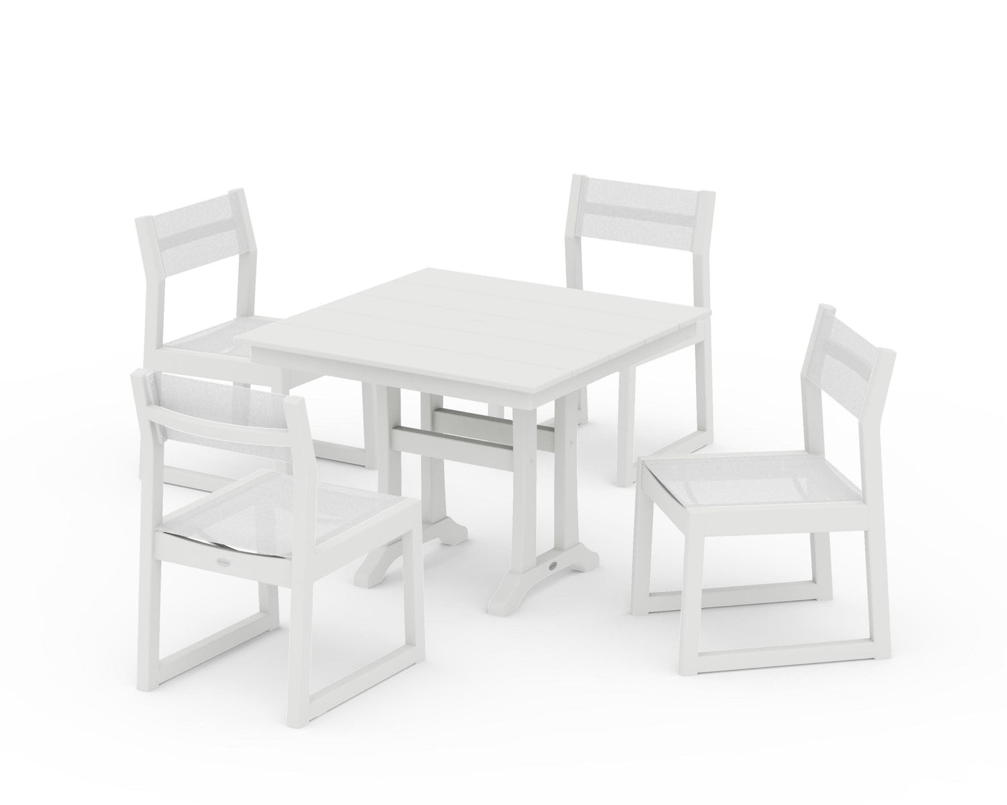 POLYWOOD EDGE Sling 5-Piece Farmhouse Trestle Side Chair Dining Set — Vintage White / White Sling
