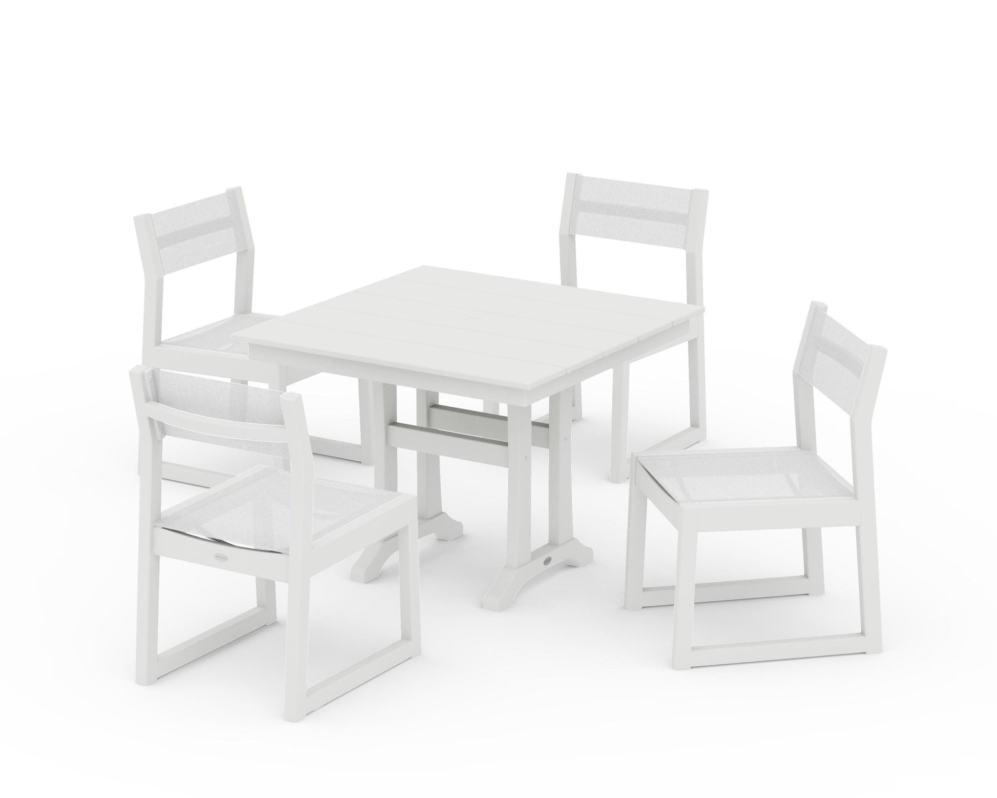 POLYWOOD EDGE Sling 5-Piece Farmhouse Trestle Side Chair Dining Set — Vintage White / White Sling