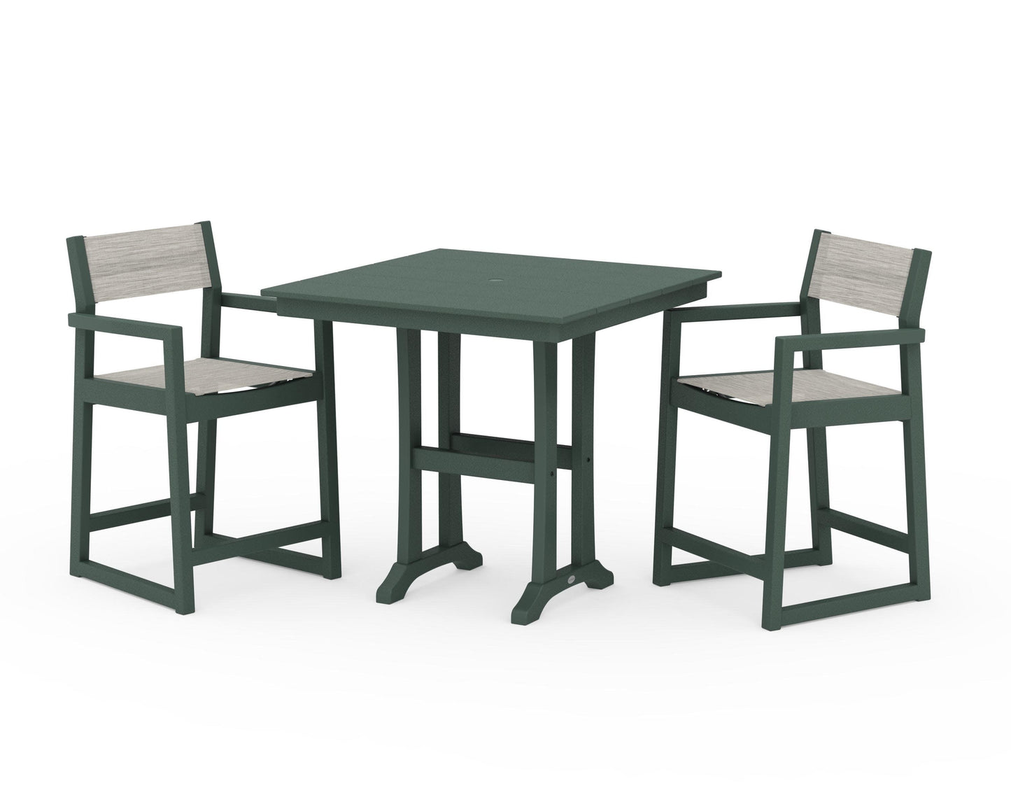 POLYWOOD EDGE Sling Arm Chair 3-Piece Farmhouse Counter Set with Trestle Legs — Green / Birch Sling