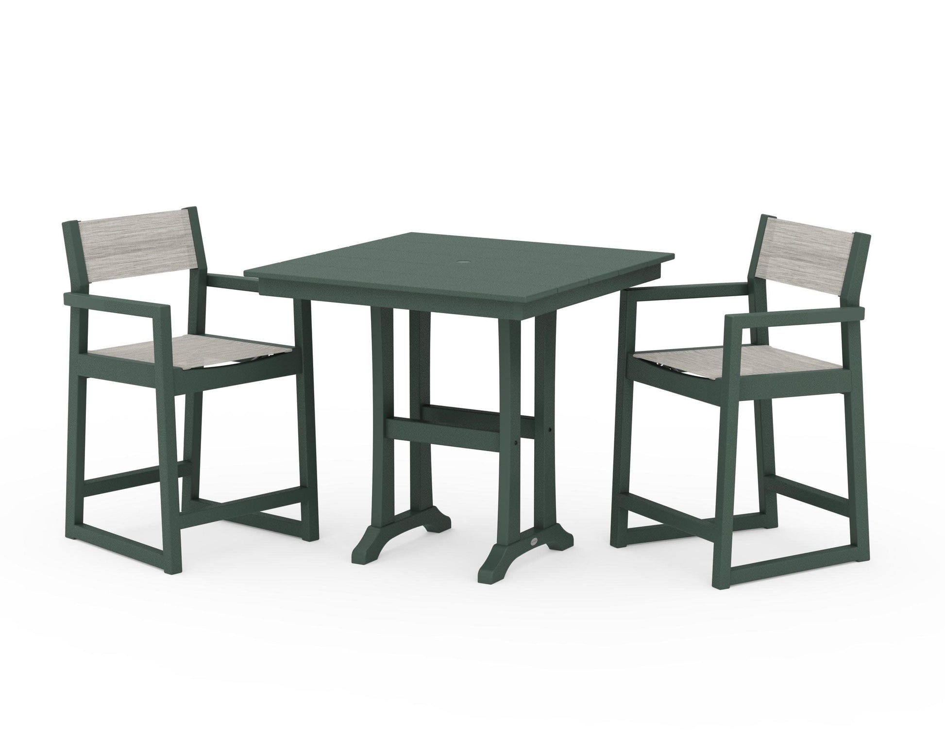 POLYWOOD EDGE Sling Arm Chair 3-Piece Farmhouse Counter Set with Trestle Legs — Green / Birch Sling