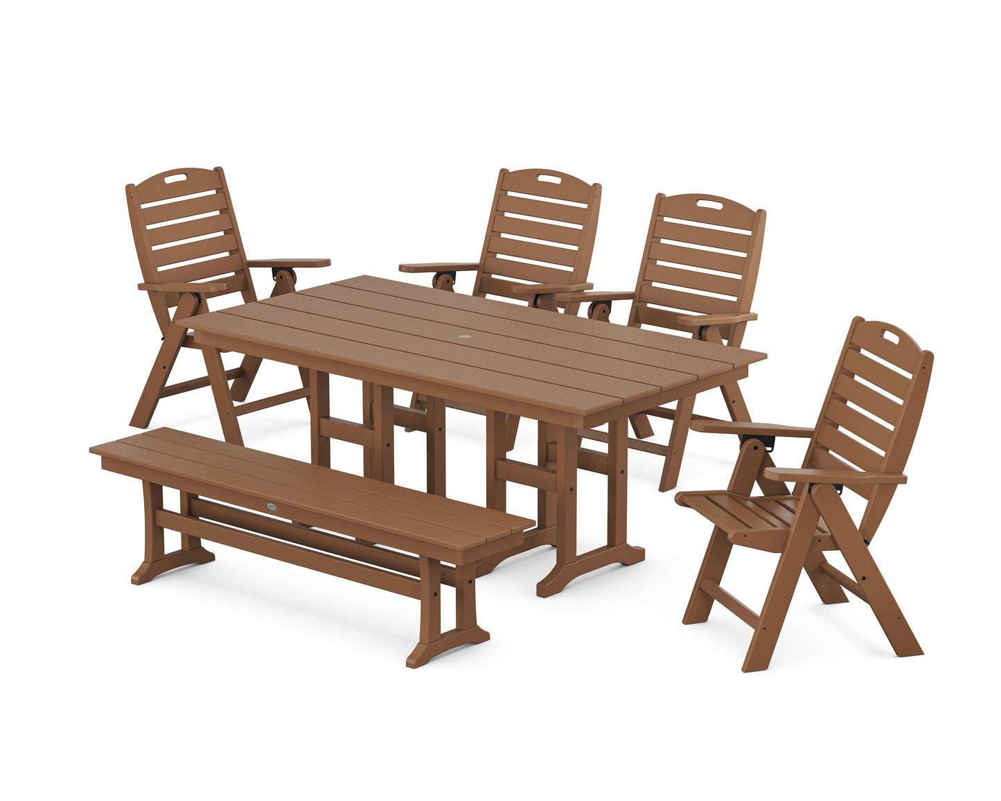 POLYWOOD Nautical Highback 6-Piece Farmhouse Dining Set with Bench — Teak
