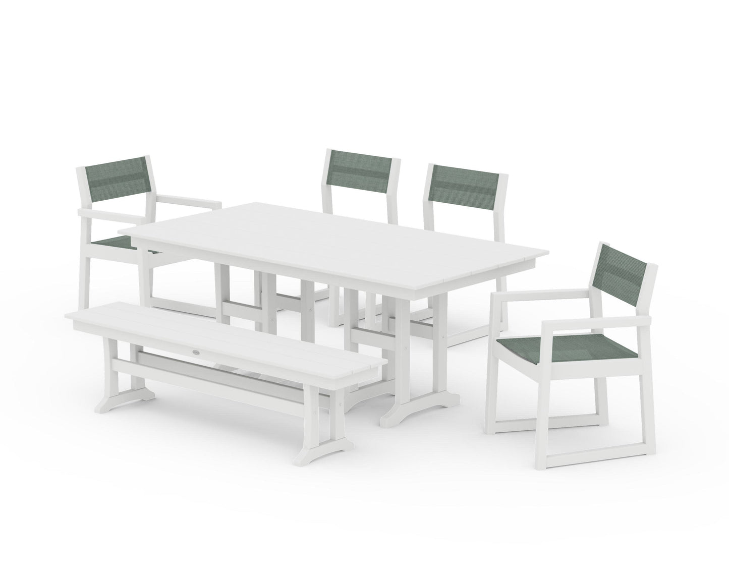 POLYWOOD EDGE Sling 6-Piece Farmhouse Dining Set — White / Dupioni Sea Mist Sling