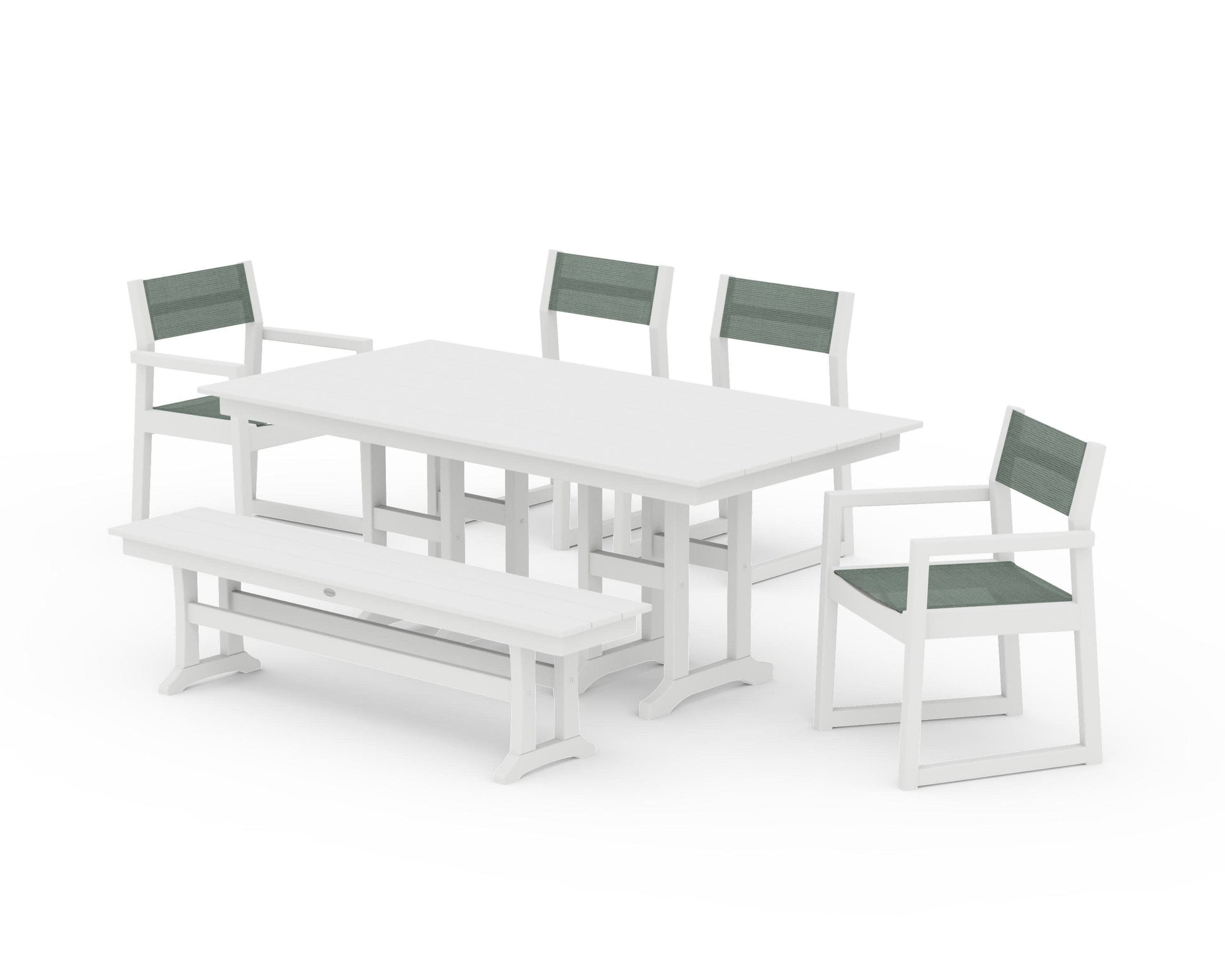 POLYWOOD EDGE Sling 6-Piece Farmhouse Dining Set — White / Dupioni Sea Mist Sling
