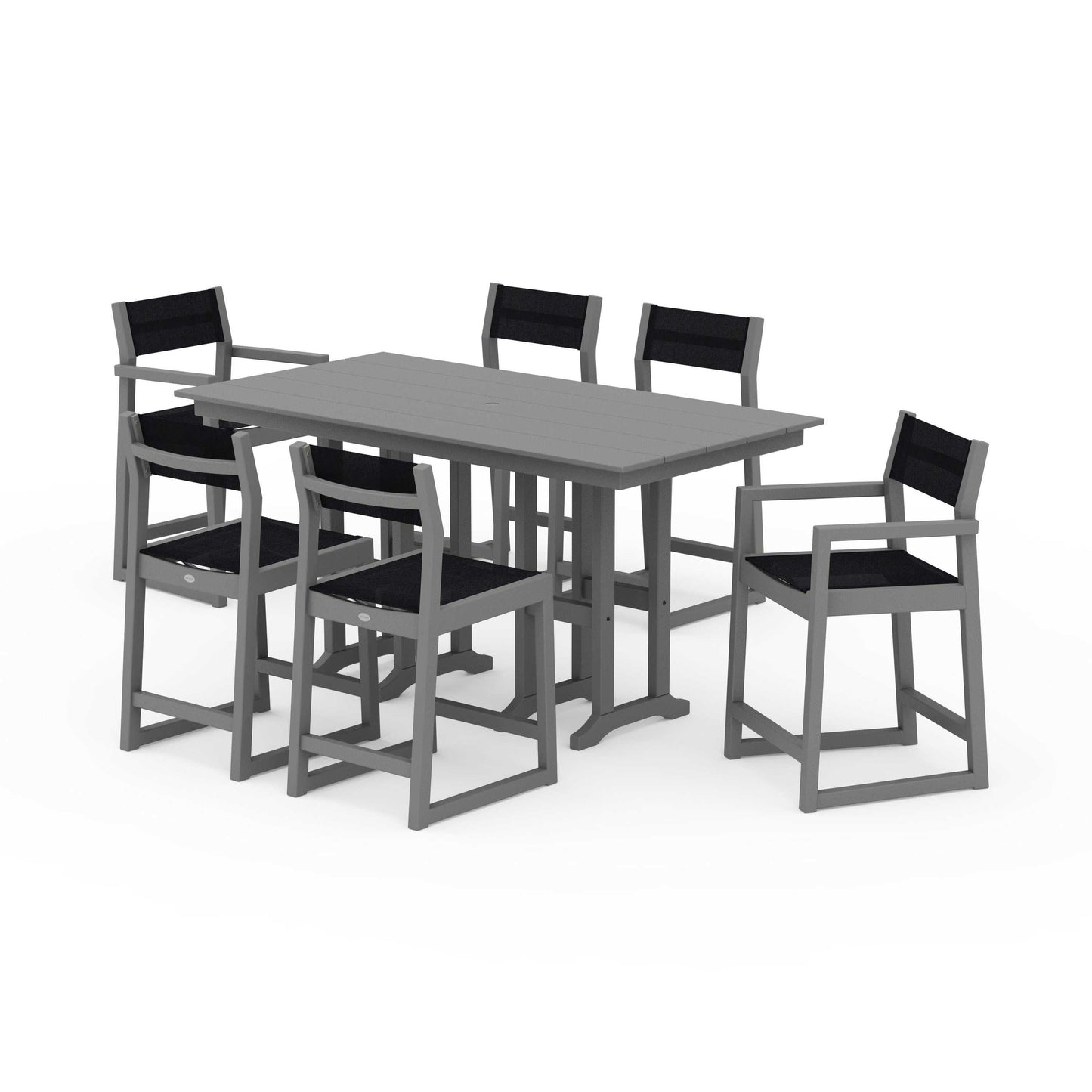 POLYWOOD EDGE Sling 7-Piece Farmhouse Counter Set with Trestle Legs — Slate Grey / Black Sling