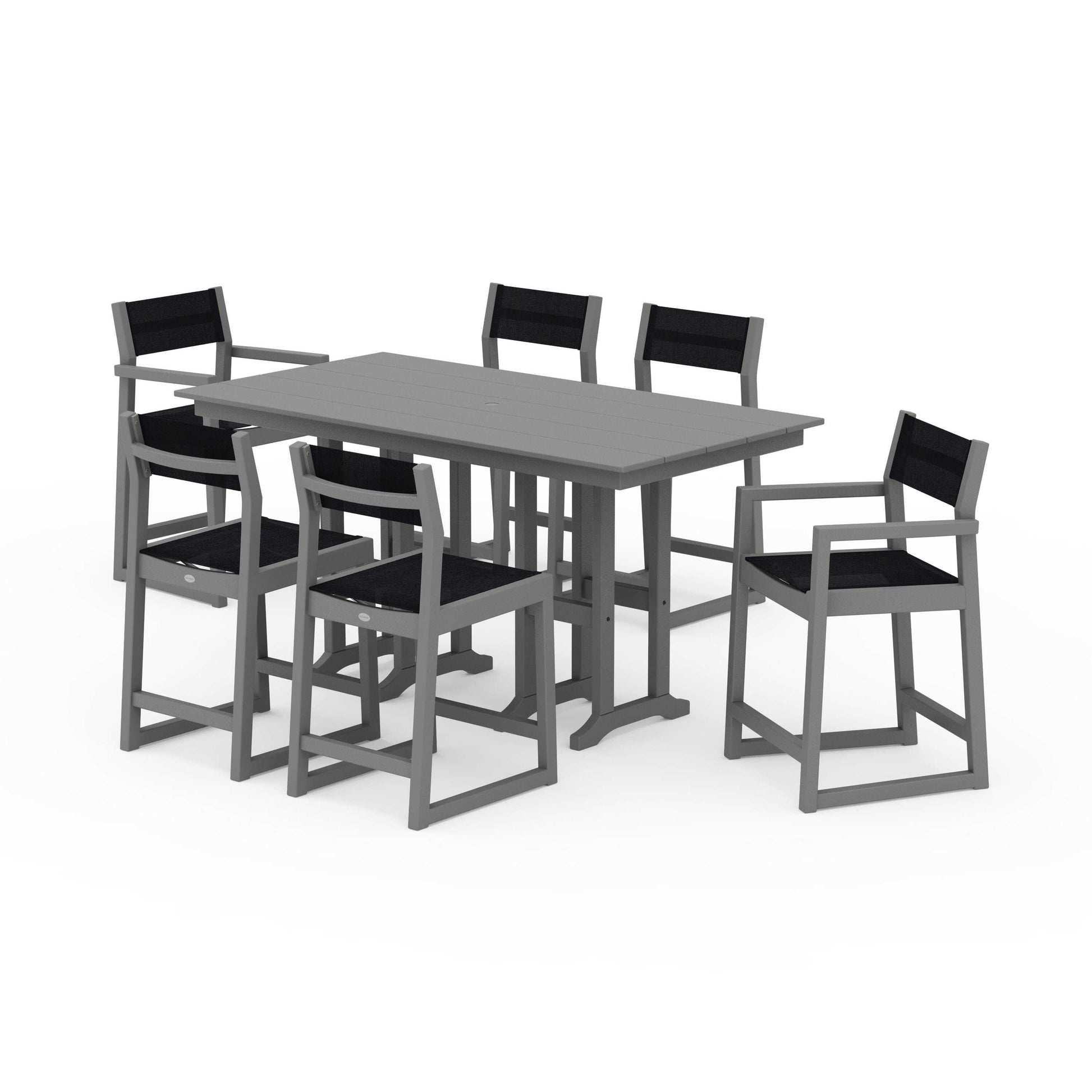 POLYWOOD EDGE Sling 7-Piece Farmhouse Counter Set with Trestle Legs — Slate Grey / Black Sling