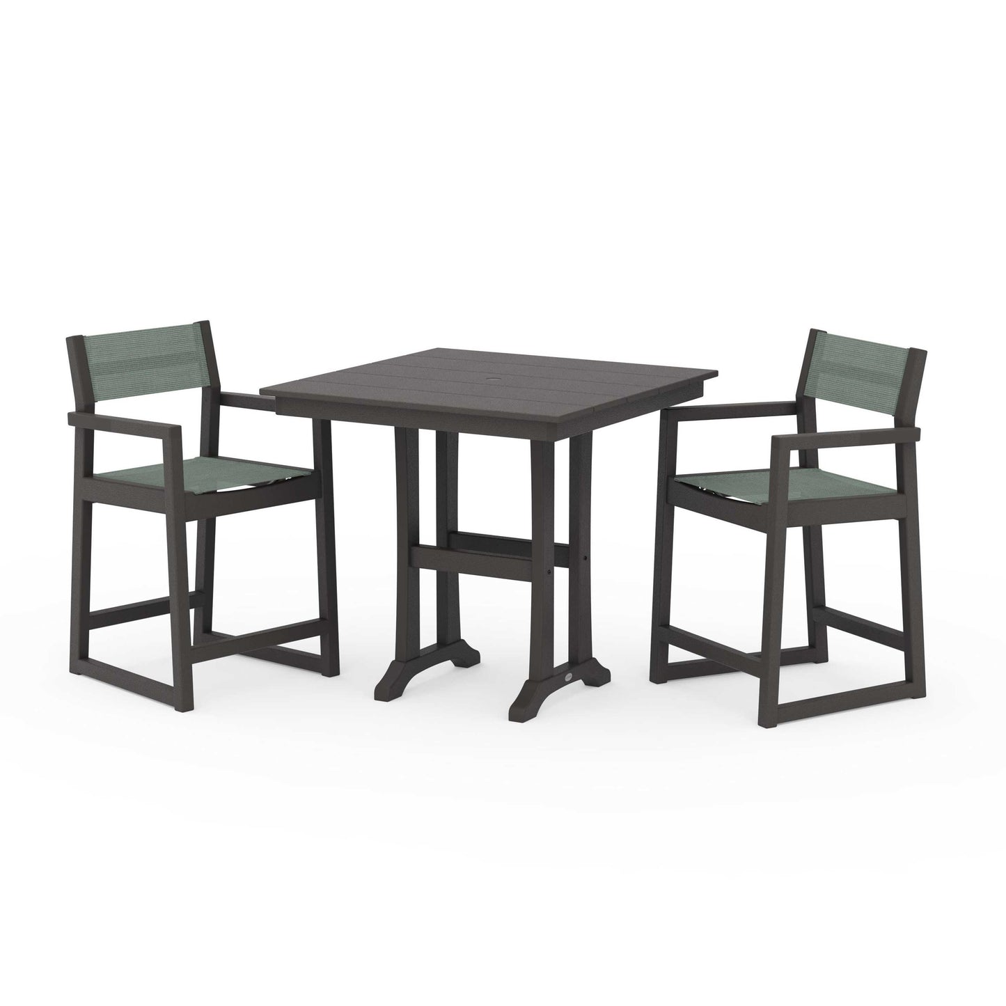 POLYWOOD EDGE Sling Arm Chair 3-Piece Farmhouse Counter Set with Trestle Legs — Vintage Coffee / Dupioni Sea Mist Sling
