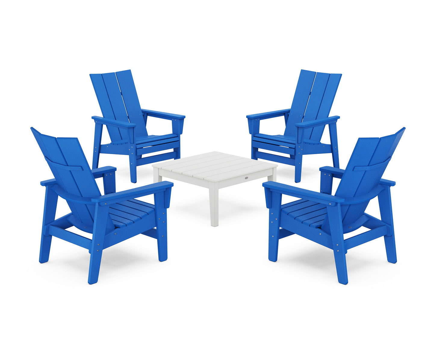 POLYWOOD 5-Piece Modern Grand Upright Adirondack Chair Conversation Group — Pacific Blue / White